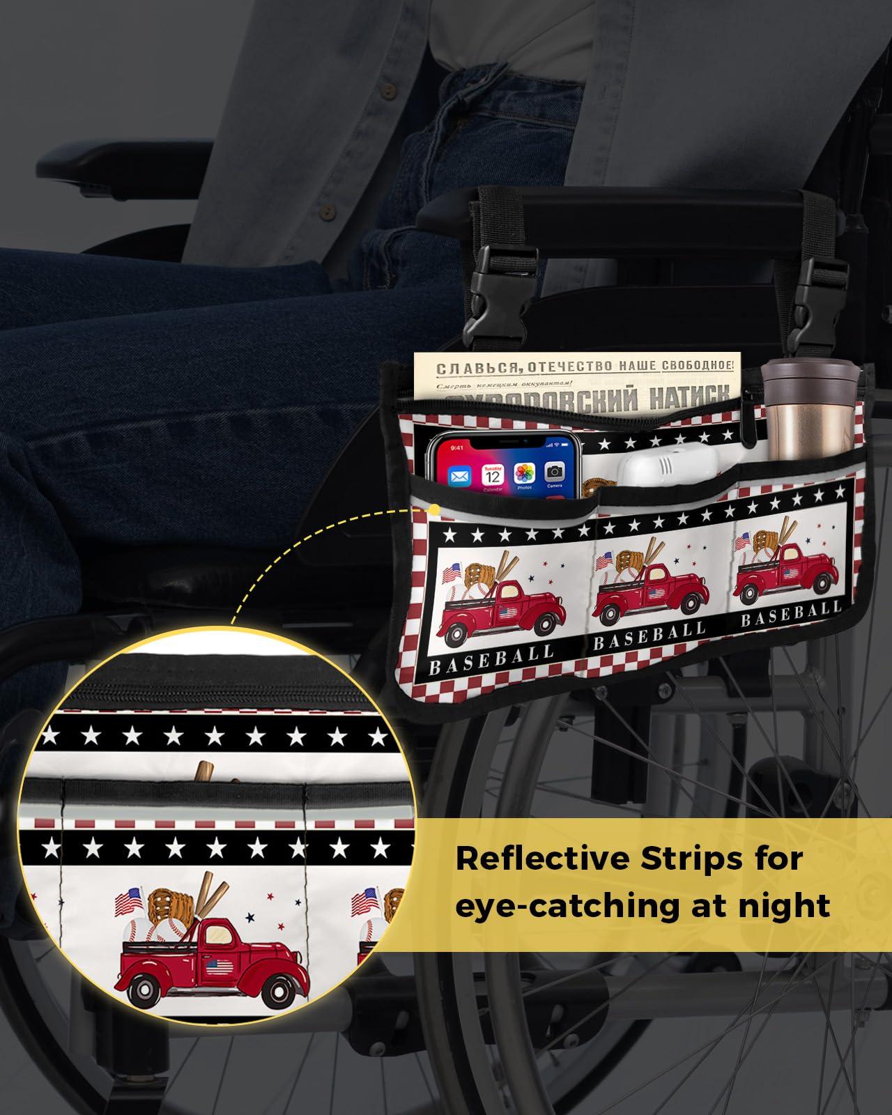 Wheelchair Armrest Bag - Red & White Plaid Organizer with Reflective Stripes for Walker, Rollator & Scooter