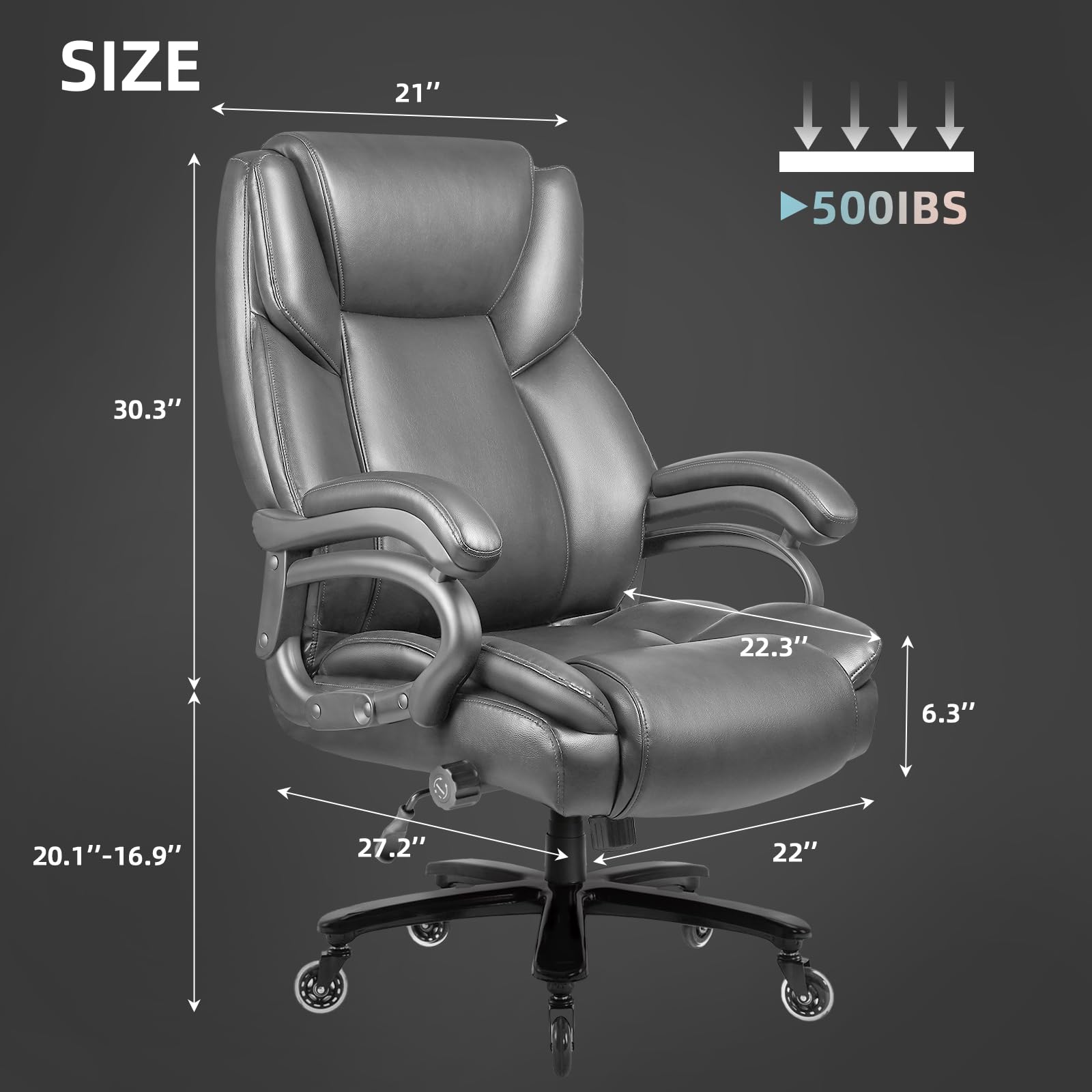 VITESSE 500lbs Heavy Duty Ergonomic Office Chair for Big & Tall - High Back Executive Chair with Lumbar Support for Back Pain Relief, Quiet Rubber Wheels (Grey) - Perfect for Long Work Hours & Home Office