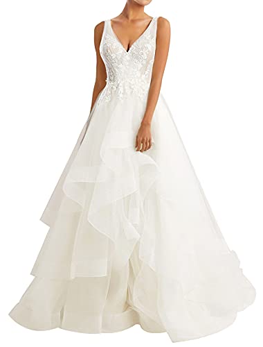 Elegant V-Neck Lace Wedding Dress with Ruffles – Romantic Bridal Gown for Bride | Perfect for Church Ceremonies, Beach Weddings & Formal Receptions