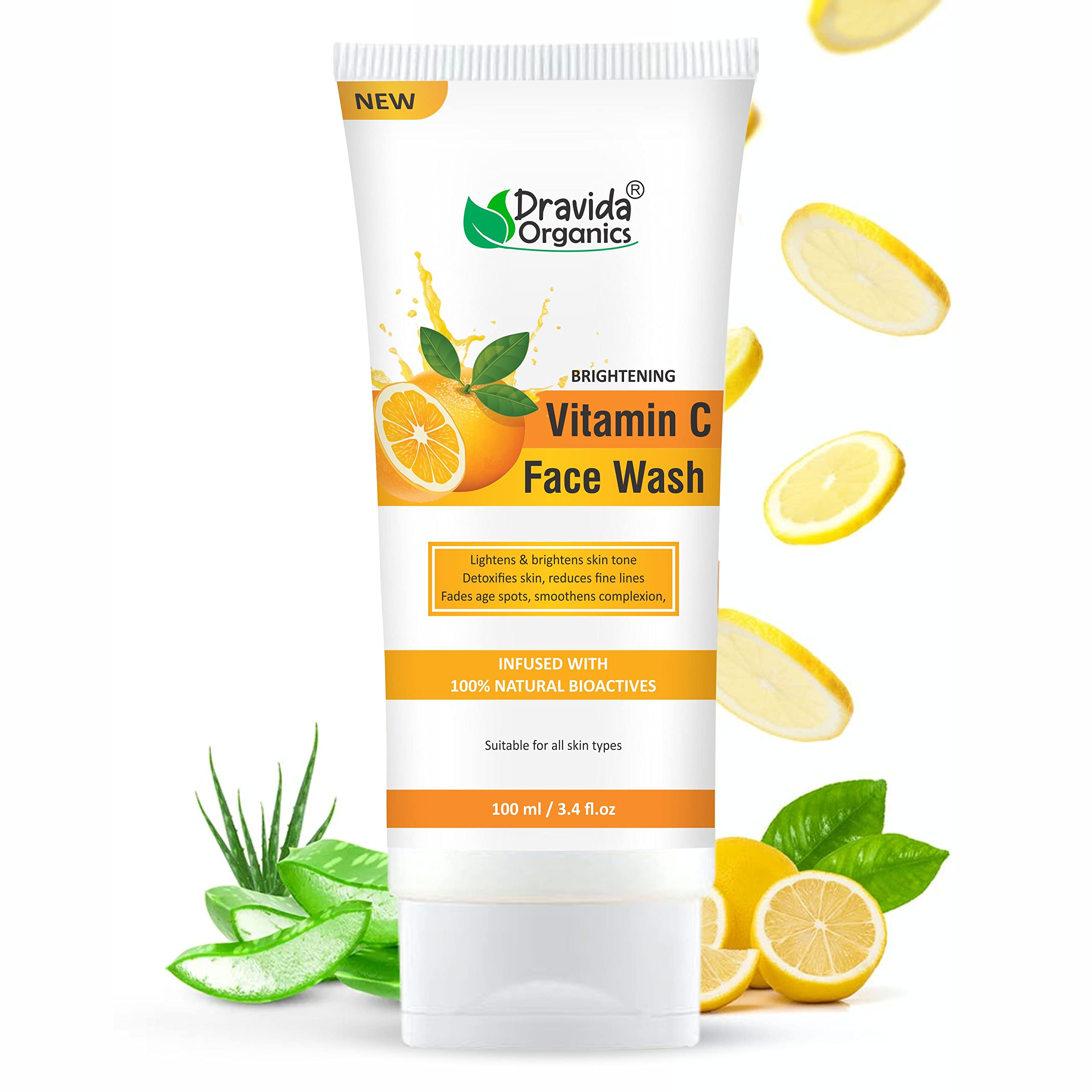 Dravida Organics Vitamin C Serum with Aloe Vera for Skin Brightening & Glow - 100ml | Face Care for Dark Spots, Dullness & Anti-Aging | Day & Night Skincare Routine