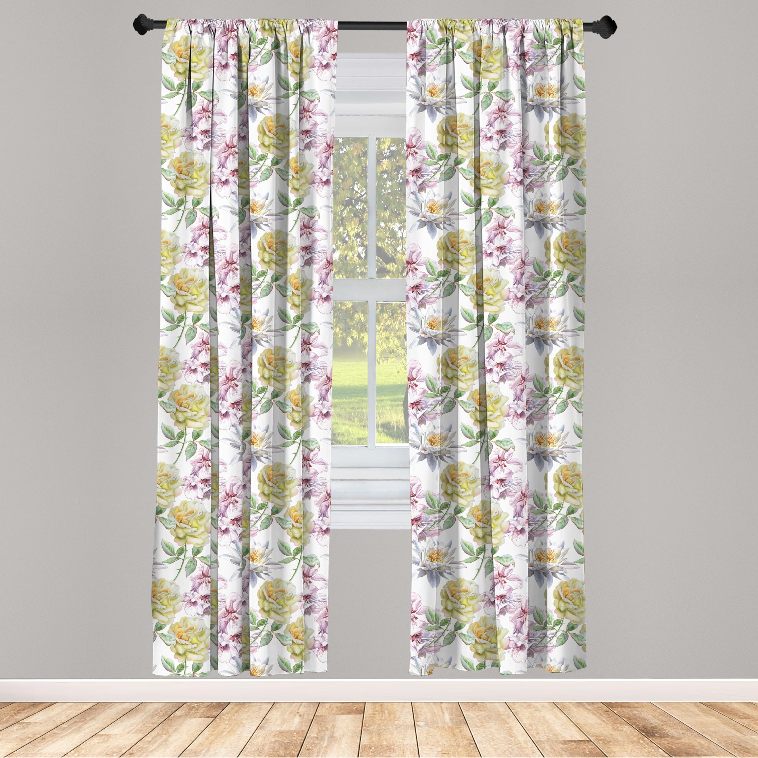 Ambesonne Floral Curtains - Rose Petals Sakura Lily Design, 2 Panel Set (28