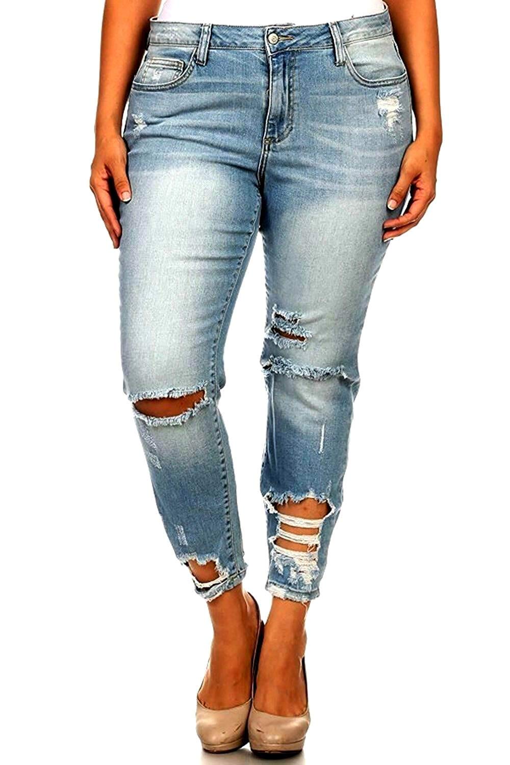 Jack David Women's Plus Size Ankle Skinny Ripped Distressed Stretch Denim Jeans - Comfortable Casual Pants for Everyday Wear, Work & Outfits