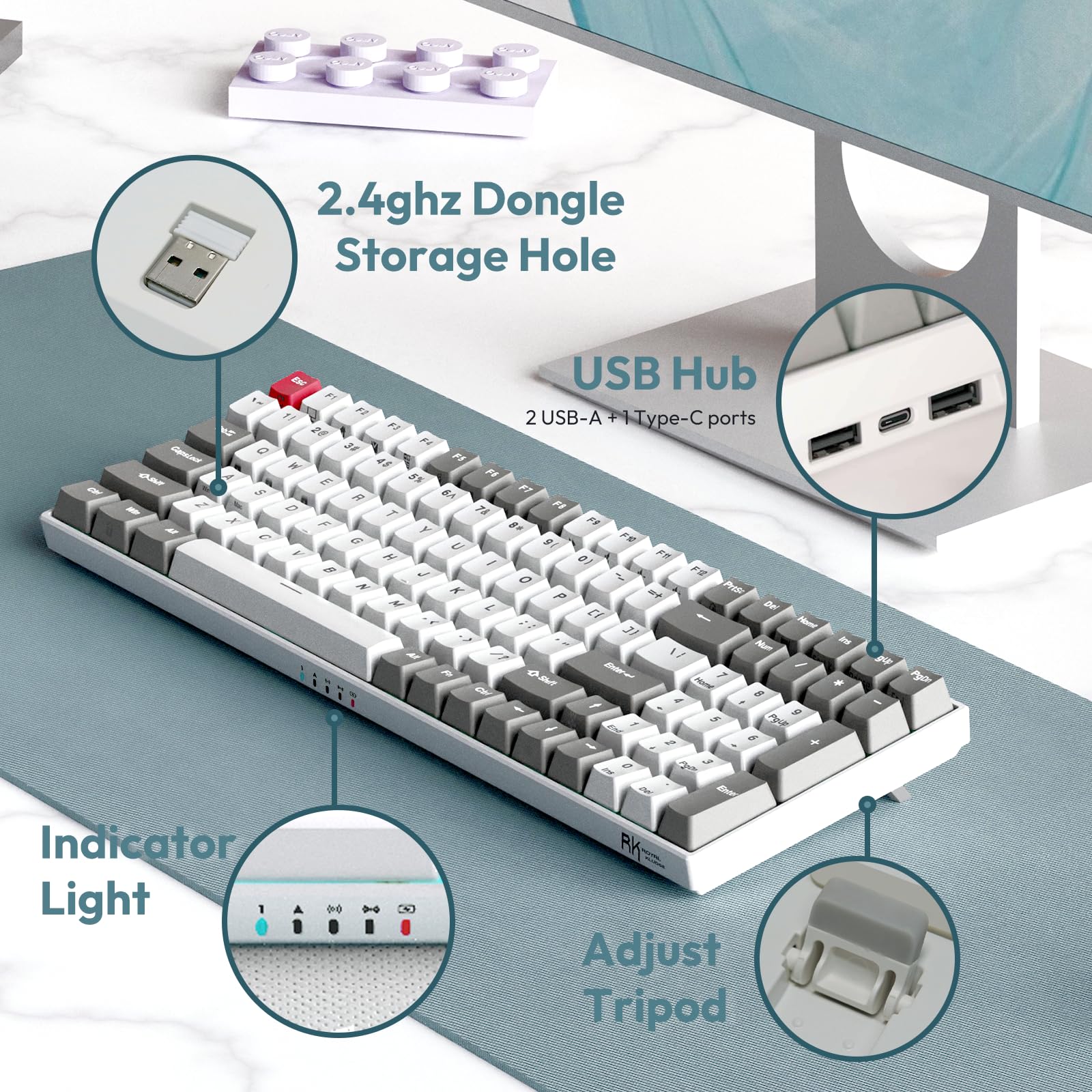 RK ROYAL KLUDGE RK100 Wireless Mechanical Keyboard - Bluetooth 5.1/2.4Ghz/USB-C Wired 100-Key Hot Swappable Gaming Keyboard with 3 USB Ports, Blue Switch for Mac & Windows (Classic Black) - Perfect for Office Work, Gaming & Programming