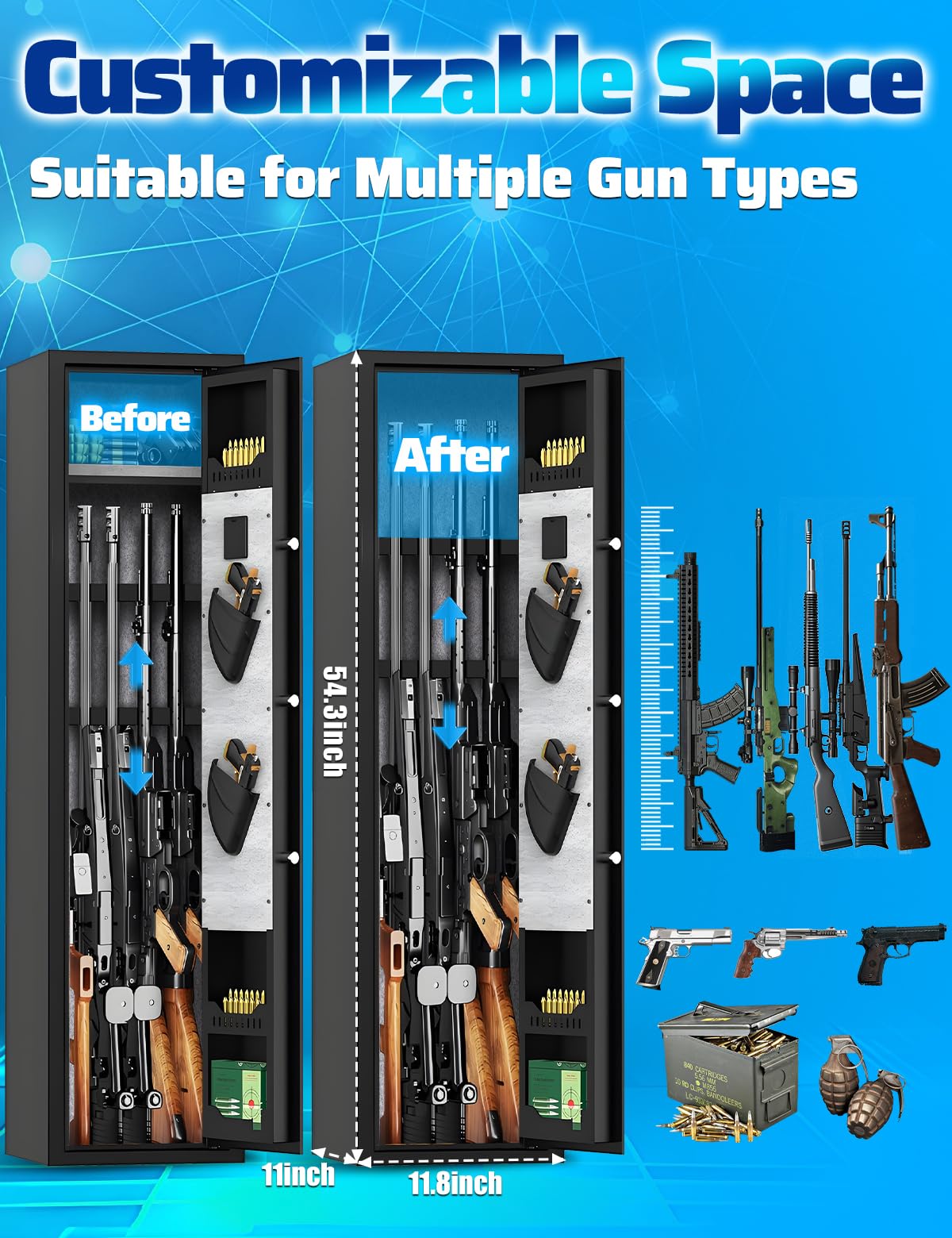 5-6 Gun Biometric Safe for Rifles & Pistols - Fingerprint Lock Security Cabinet with Alarm, Adjustable Rack & Silent Mode - No Assembly Required for Home, Office & Vehicle Protection