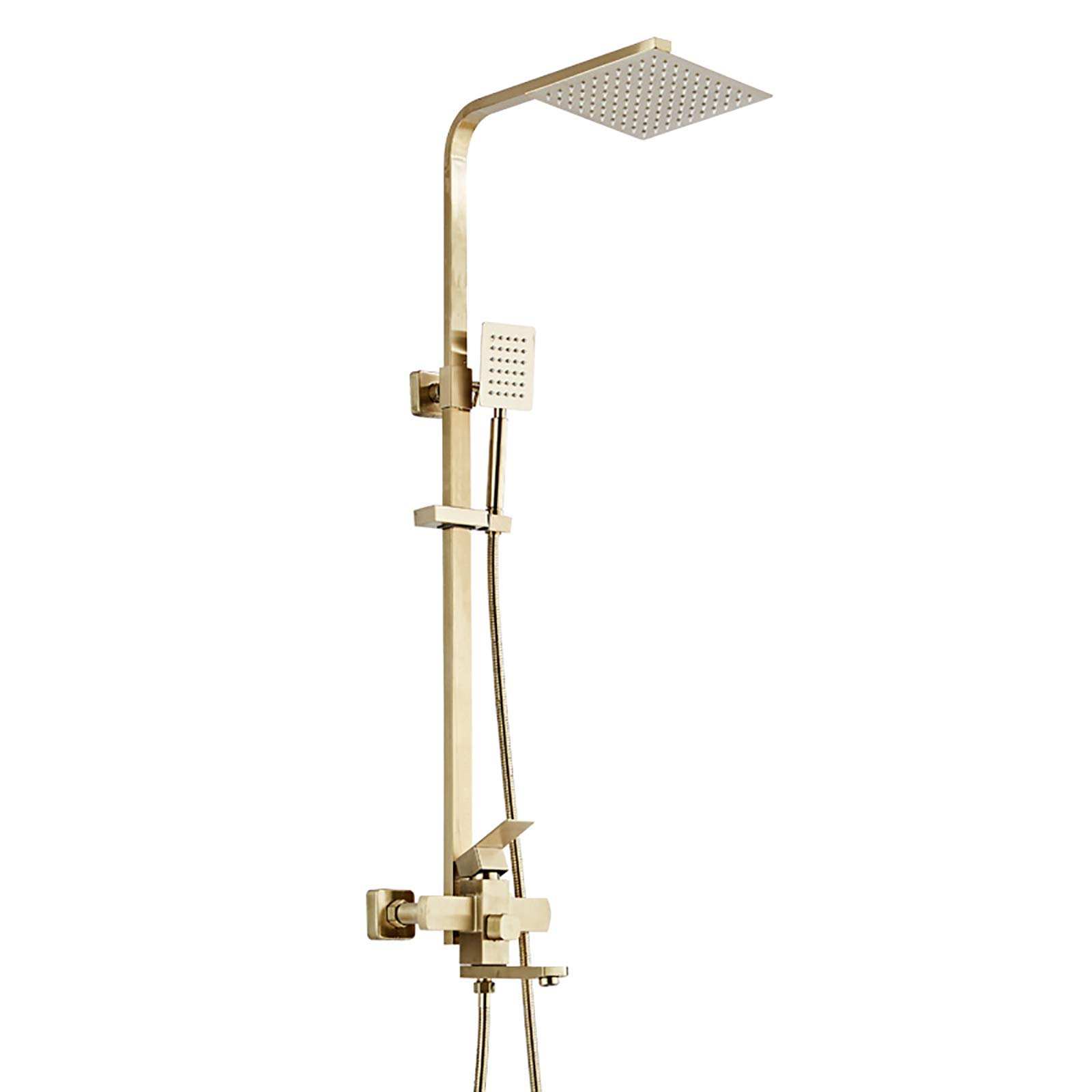 Brushed Gold Rain Mixer Shower Combo Set - Wall Mounted Exposed Bathroom Shower Faucet with 8 Inch Rainfall Shower Head, Handheld Shower & Swivel Tub Spout - Perfect for Modern Bathroom & Spa Experience