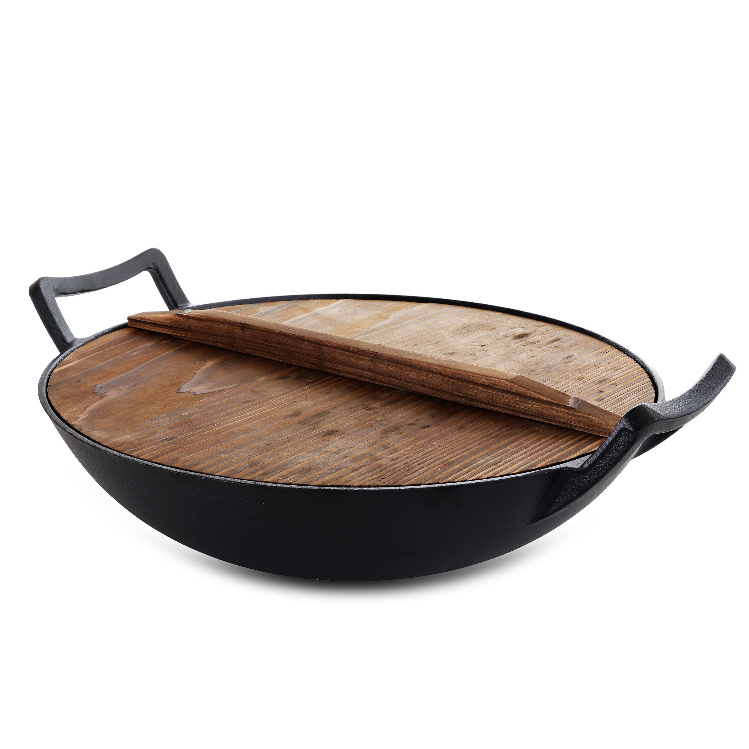Megachef 14 Inch Pre-Seasoned Cast Iron Wok with Lid - Professional Carbon Steel Stir Fry Pan for Asian Cooking, High Heat Retention - Perfect for Stir-Frying, Deep Frying & Sautéing at Home