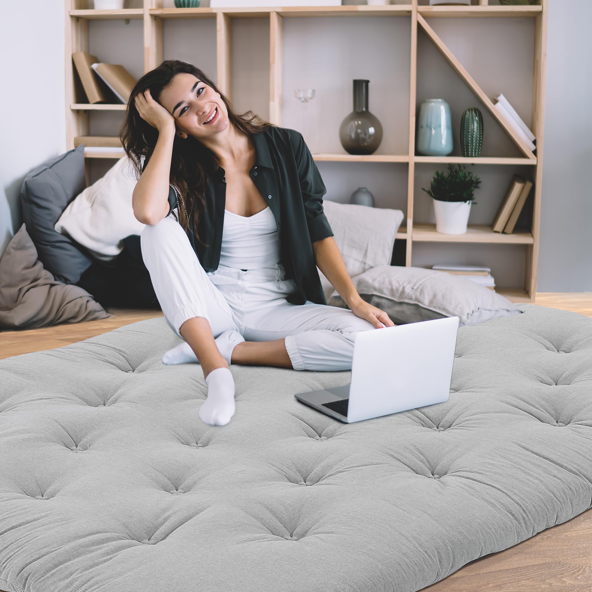 Japanese Floor Mattress Twin Size - Foldable Tatami Mat with 100% Cotton Shell - Futon Mattress & Dorm Sleeping Pad - Roll Up Floor Lounger Bed for Adults & Kids (Grey, 80
