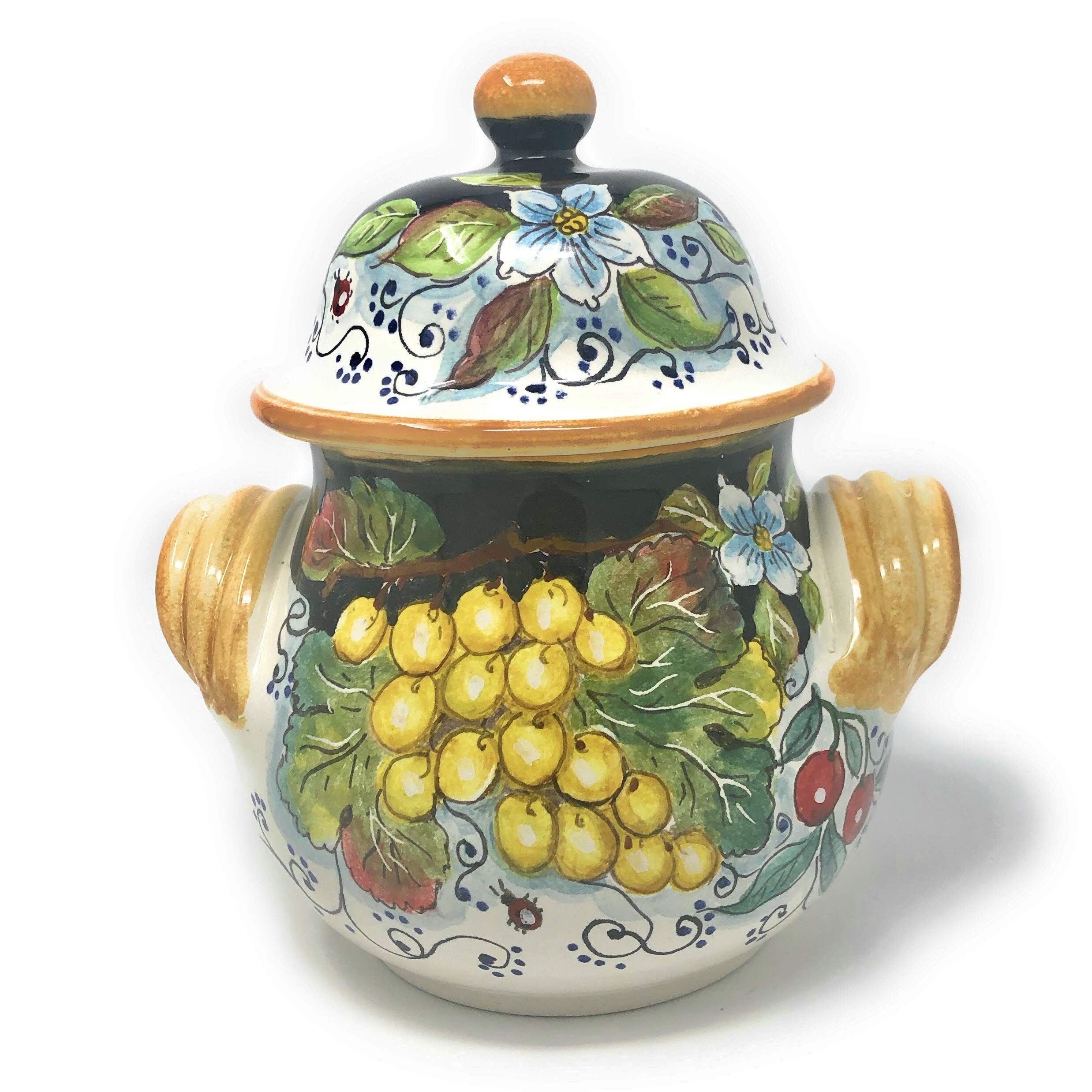 Hand-Painted Italian Ceramic Cookie Jar - Tuscan Pottery Biscotti Container with Fruit Design, Made in Italy | Perfect for Kitchen Storage & Gift Giving