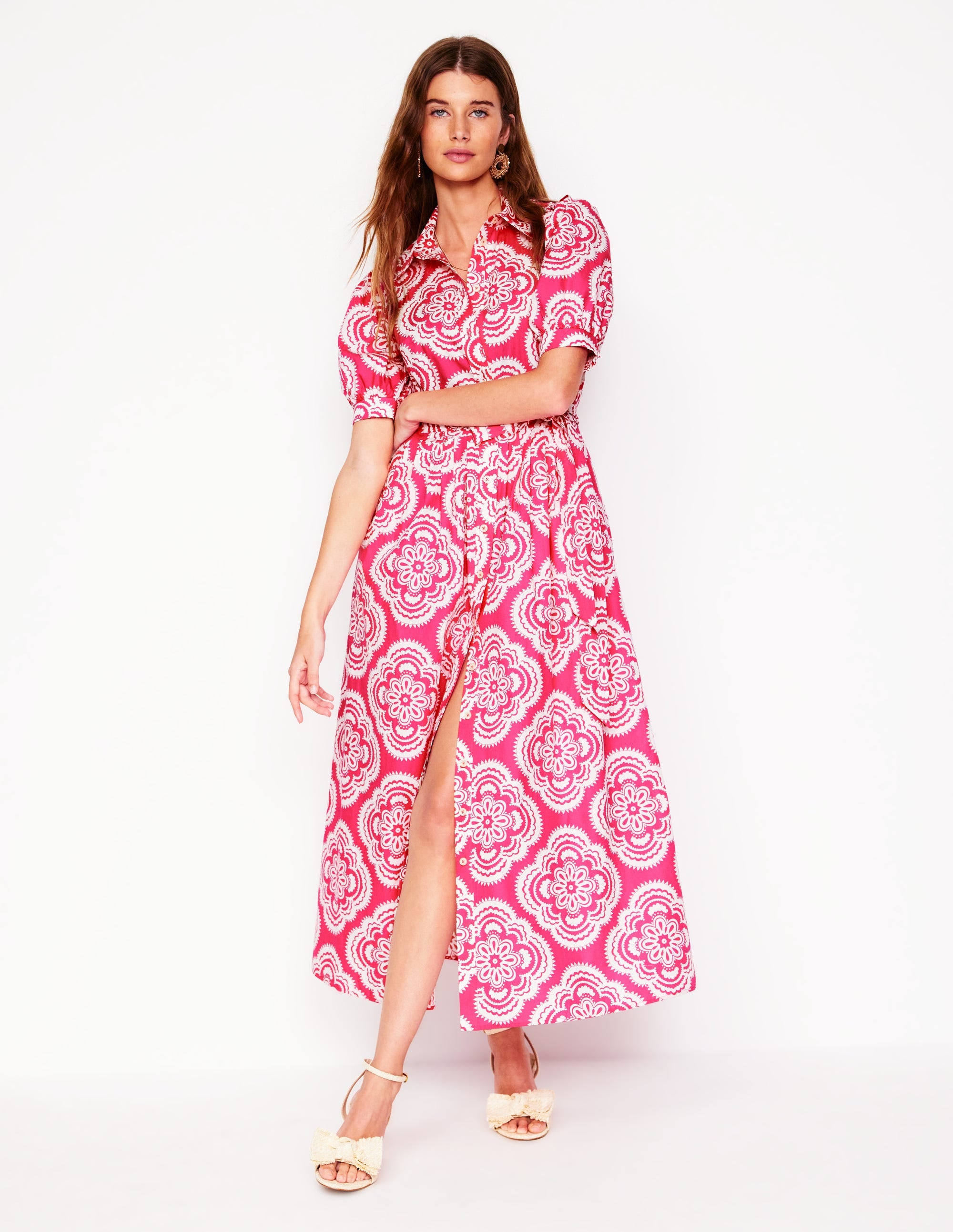Alexa Maxi Shirt Dress for Women - Pink Peony & Botanic Blush Floral Print, Long Sleeve Casual Dress for Spring/Summer, Perfect for Office, Date Night & Outdoor Events
