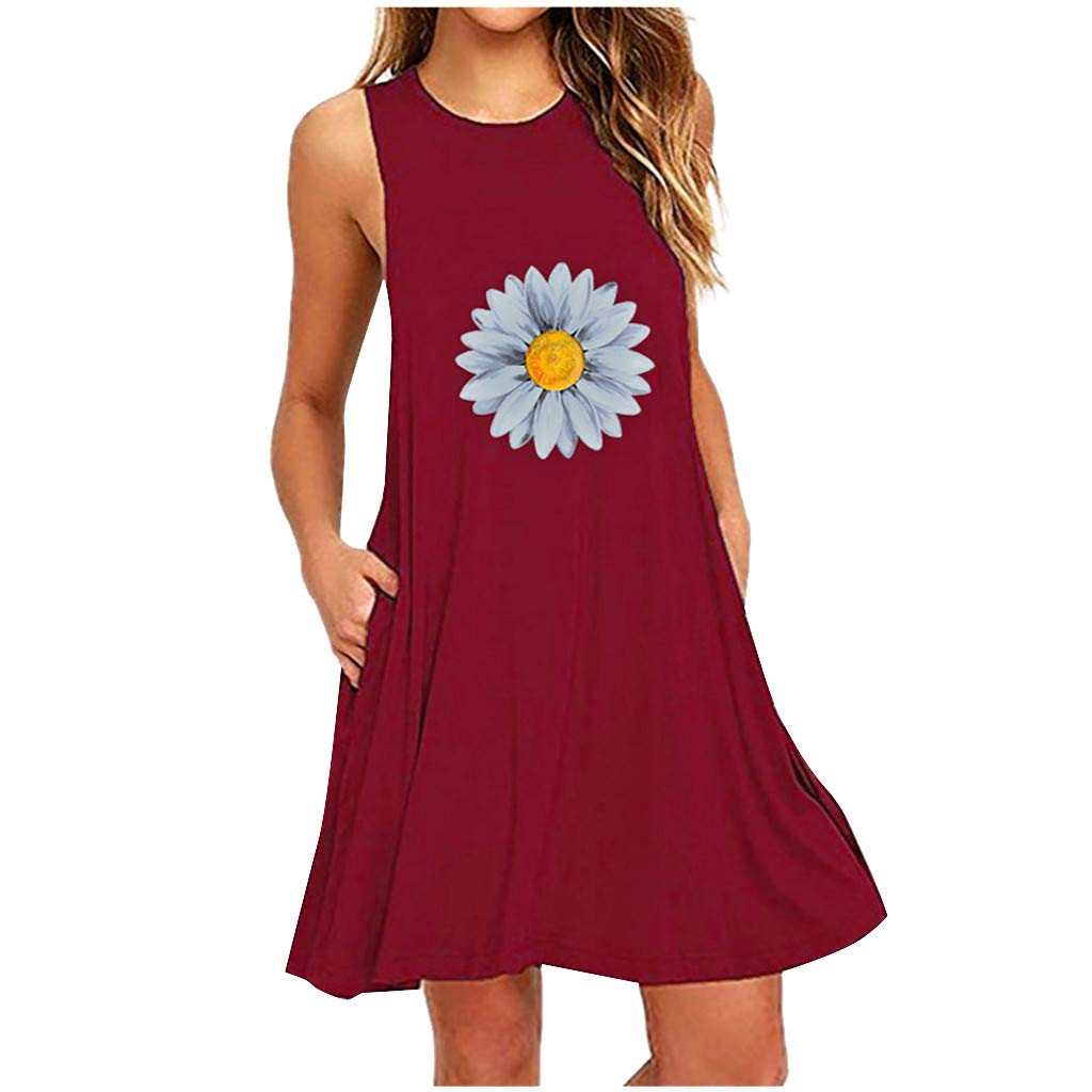 Women's Summer A-Line Sleeveless Casual Dress with Pockets - Floral Daisy Print Nightdress for Beach, Party & Everyday Wear