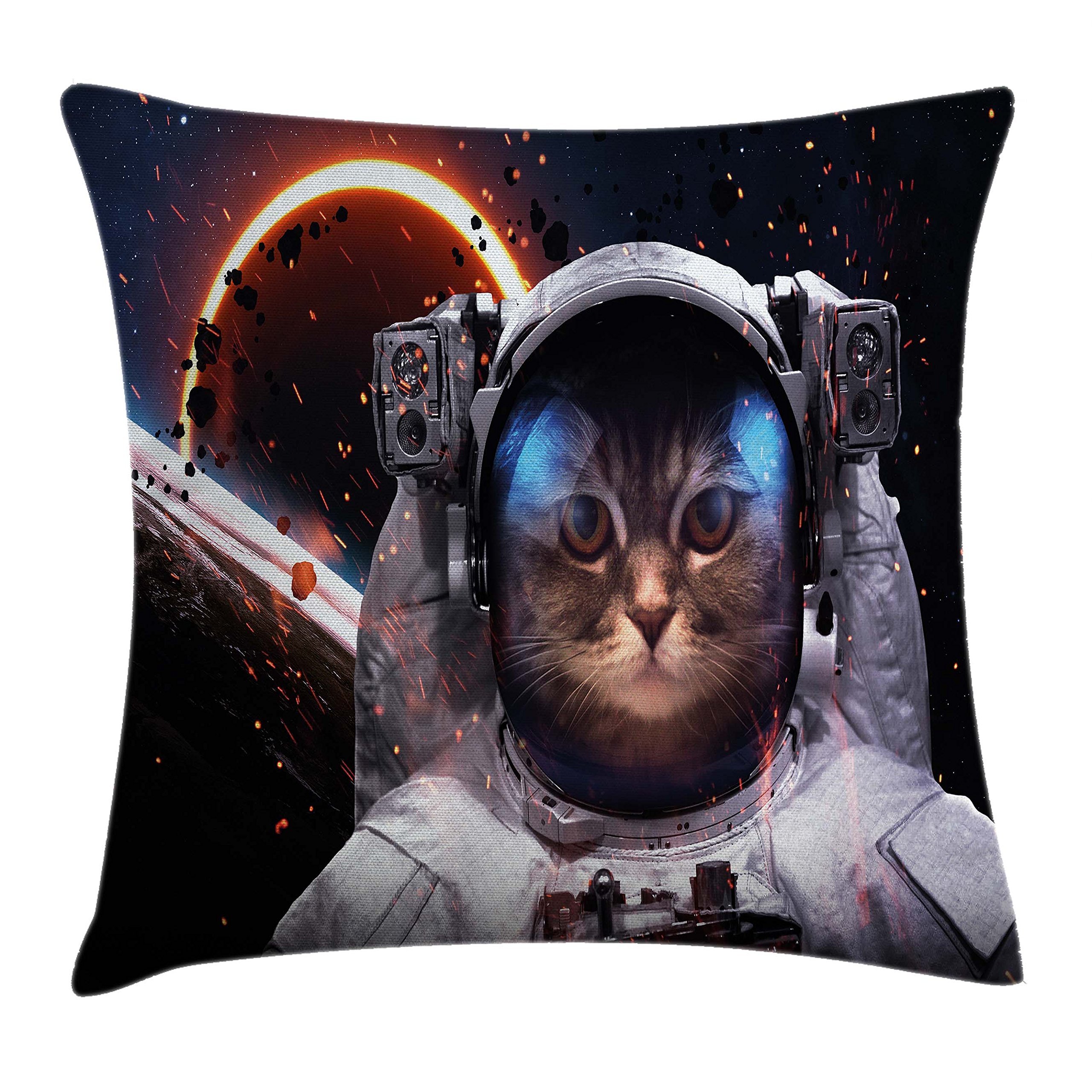 Ambesonne Space Cat Throw Pillow Cover 28x28 Inch - Astronaut & Galaxy Print Decorative Square Cushion Case - Dark Blue White Black Cosmic Design - Perfect for Living Room, Bedroom & Space-Themed Decor