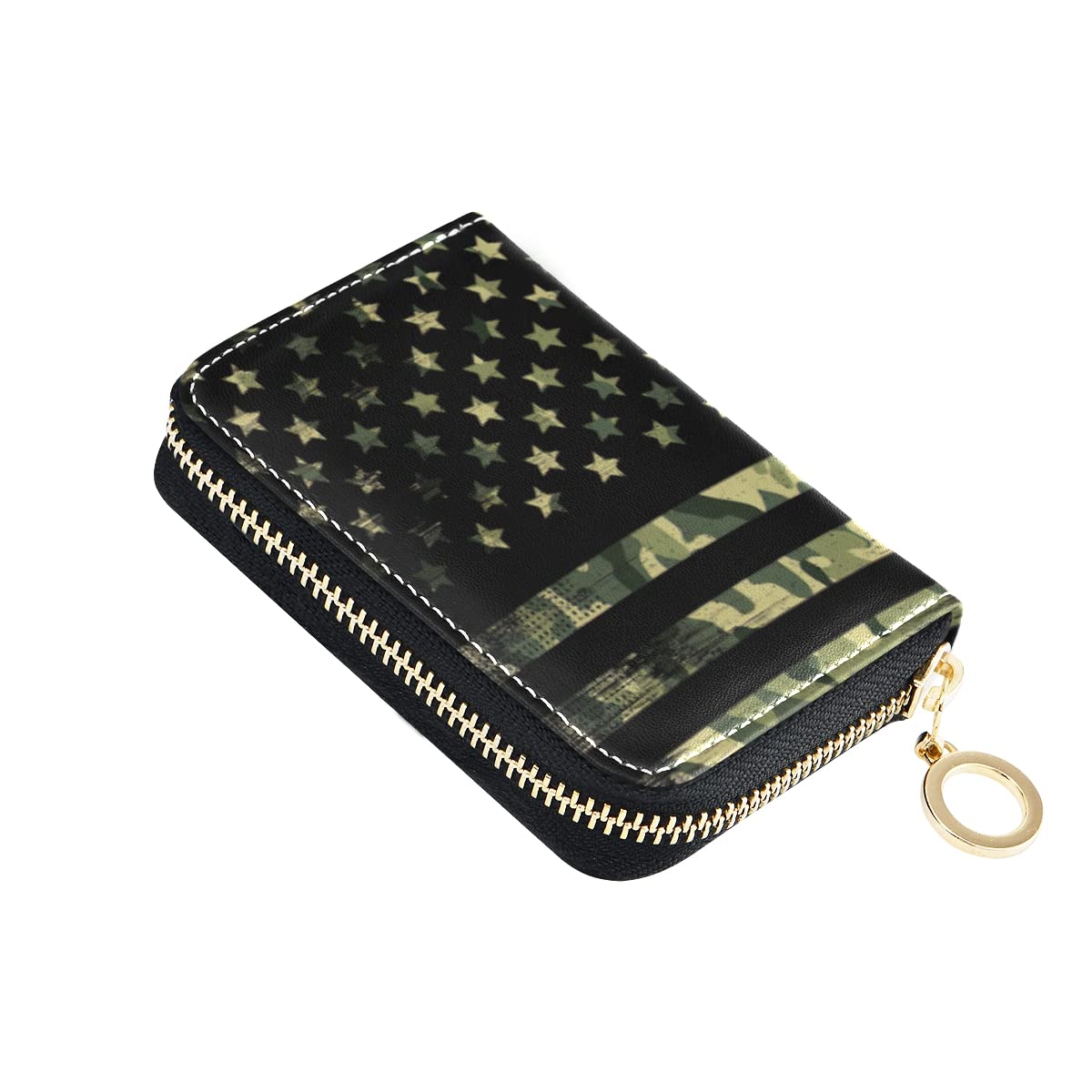 Vintage American Flag Camouflage Green RFID Blocking Leather Wallet for Women - Slim Credit Card Holder with Zipper Pocket, Perfect for Travel, Shopping & Everyday Use