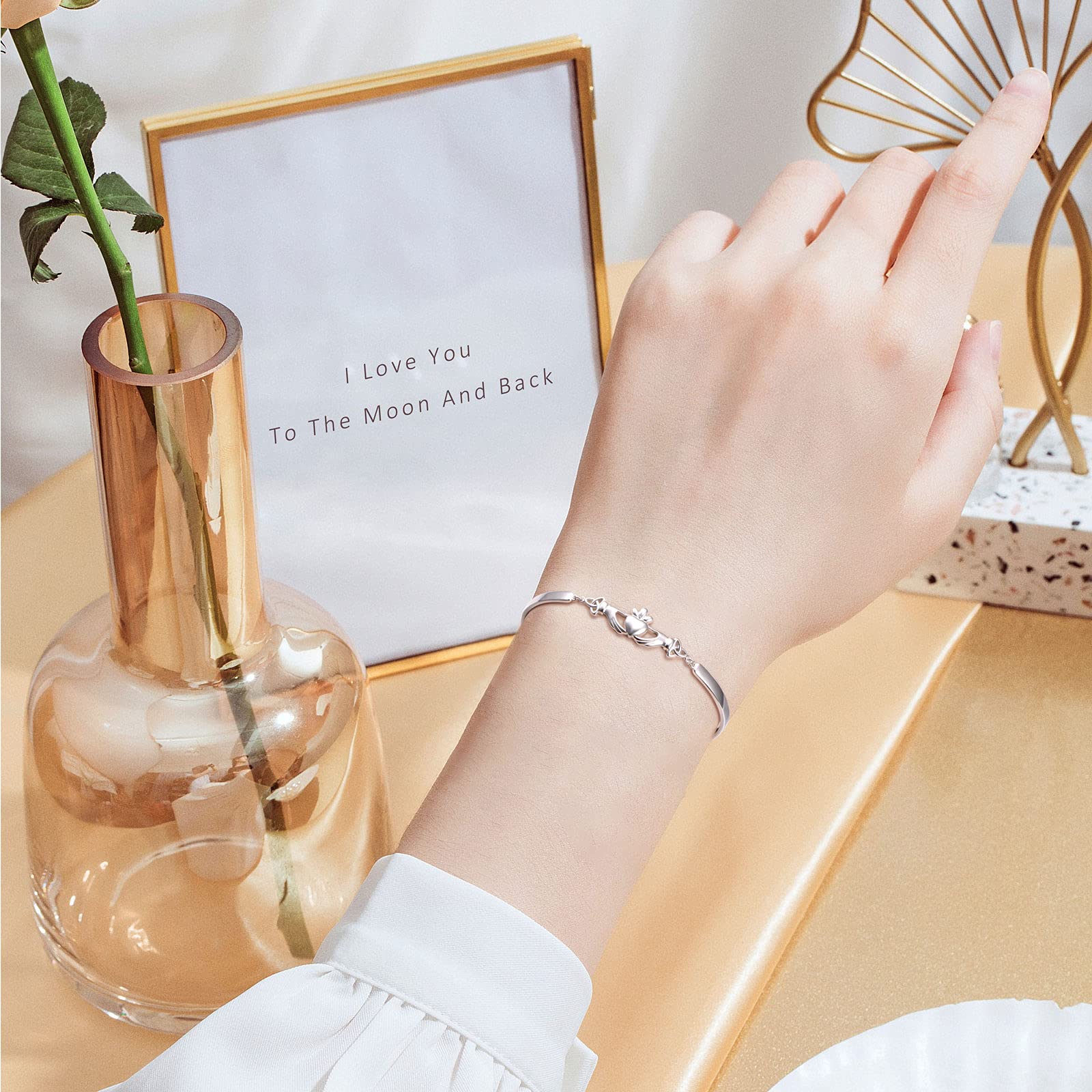 FLYOW 925 Sterling Silver Adjustable Celtic Claddagh Bracelet - Irish Good Luck Jewelry for Women | Birthday Gifts, Anniversary Present, St. Patrick's Day Accessory