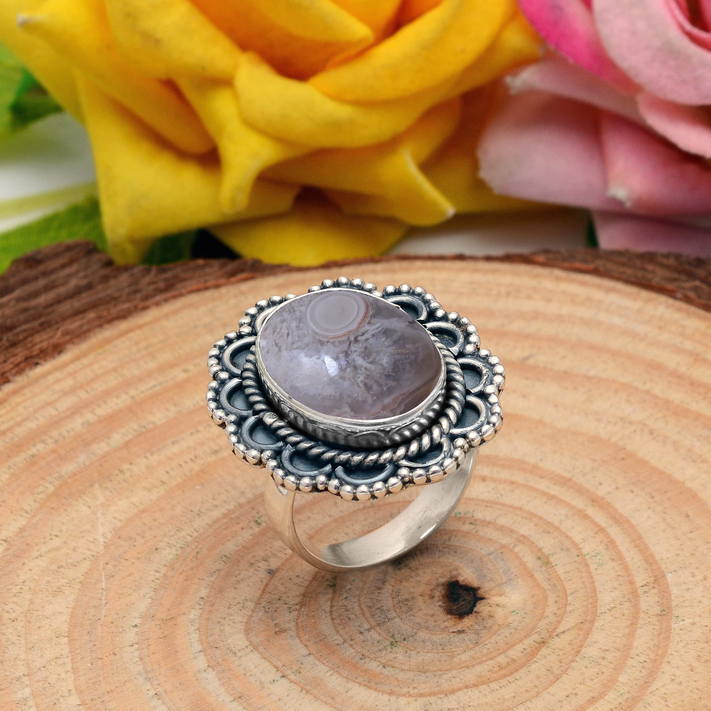 Veracity Jewelry Crazy Lace Agate Rings for Women - 925 Sterling Silver Healing Meditation Jewelry with Natural Brown White Gemstone - Elegant Gift for Wife, Mother, Sister - Perfect for Spiritual Healing, Yoga, Meditation & Everyday Wear