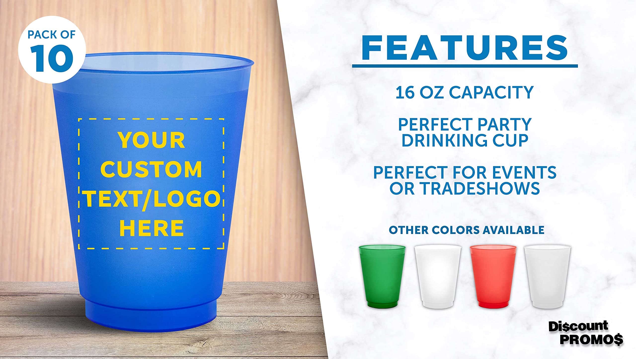 Custom 16 oz Frosted Plastic Stadium Cups - 10 Pack with Promotional Text & Logo - Shatterproof, Flexible & Reusable Party Cups in Blue - Perfect for Tailgates, BBQs, and Outdoor Events