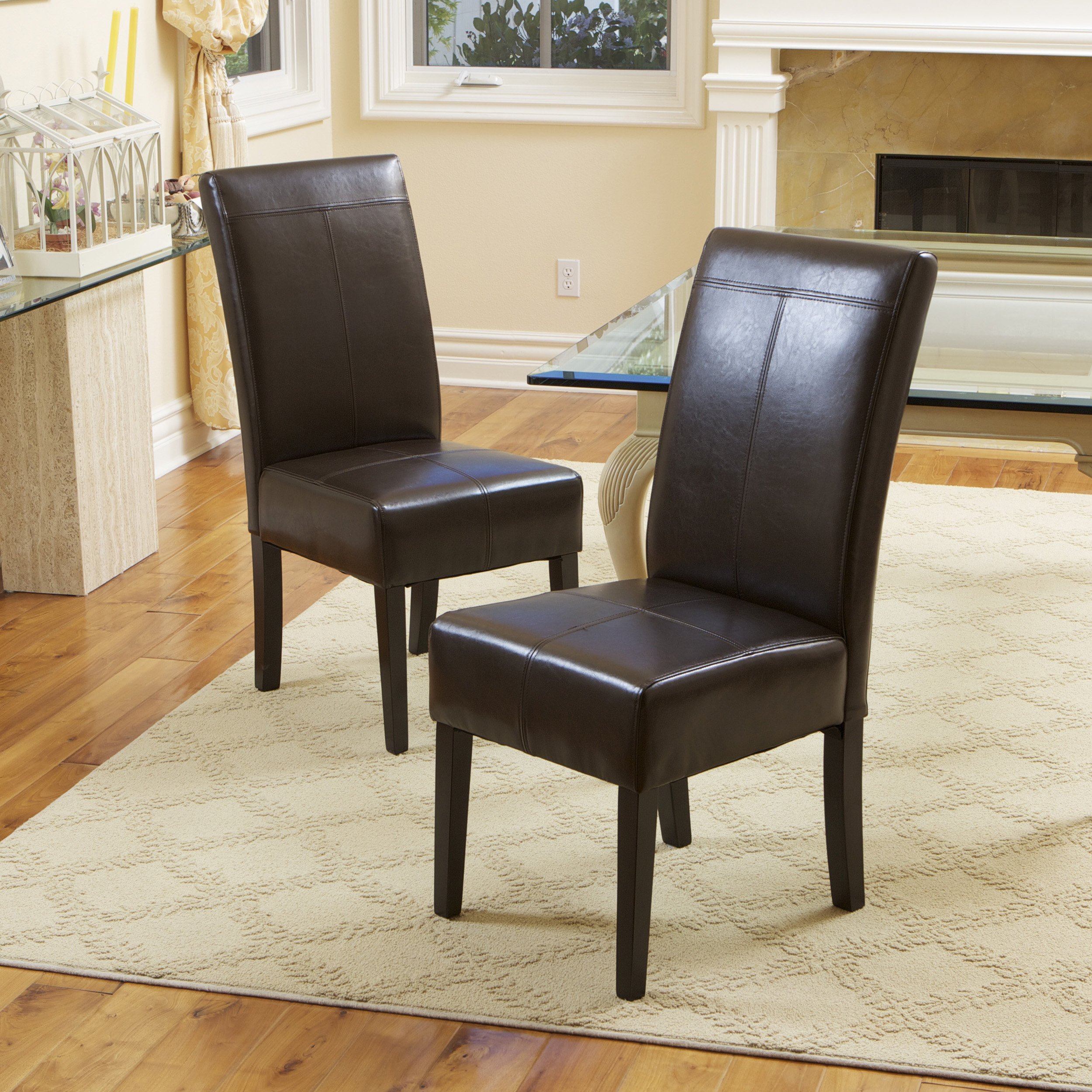 Christopher Knight Home Emilia Chocolate Brown Leather Dining Chairs Set of 2 - Modern PU Leather Upholstered Side Chairs for Kitchen, Dining Room, Office, and Restaurant