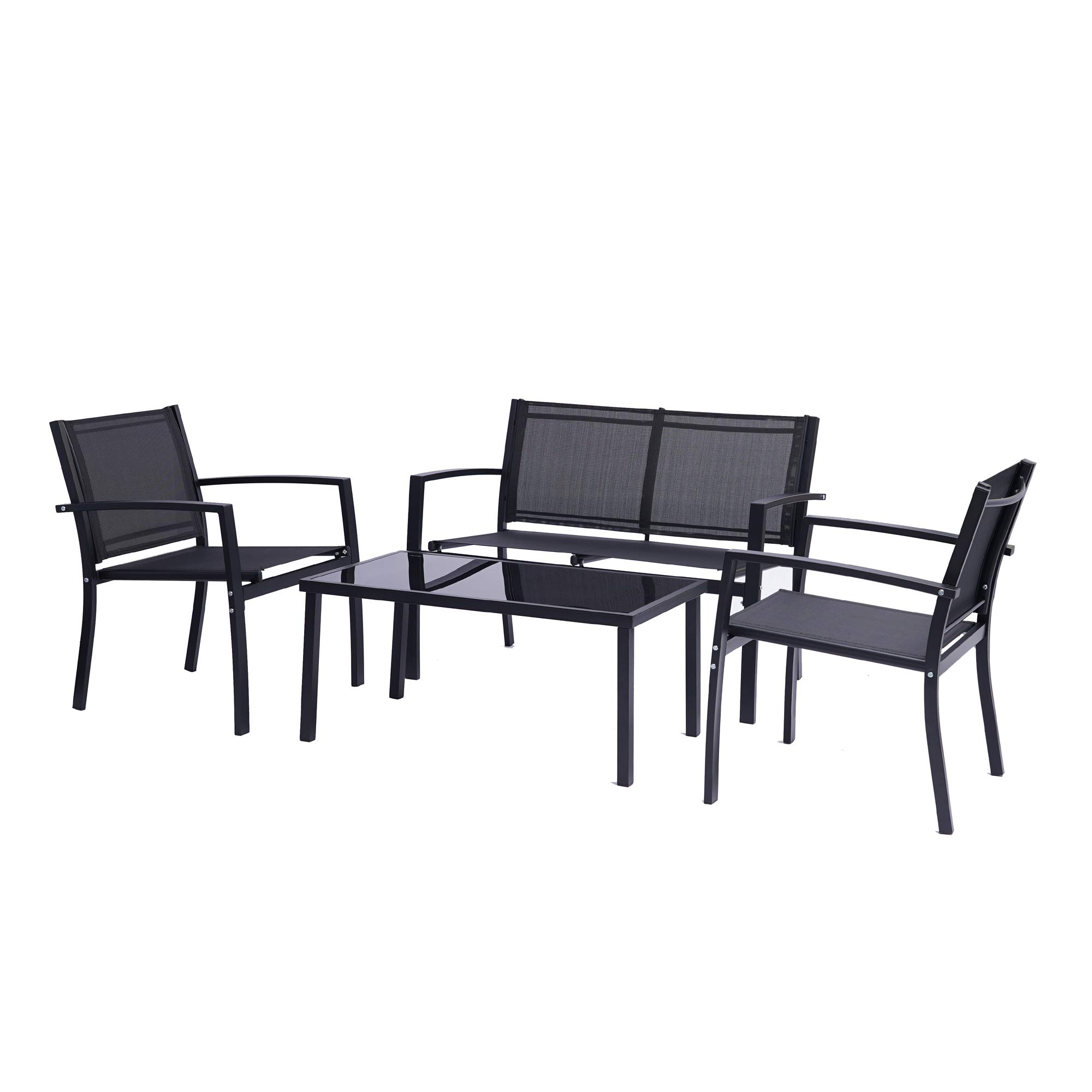 4-Piece Outdoor Patio Furniture Set - Black Garden Conversation Set with Glass Coffee Table for Poolside, Lawn, Porch & Backyard Relaxation | Durable Weather-Resistant Patio Chairs & Table for Outdoor Entertaining