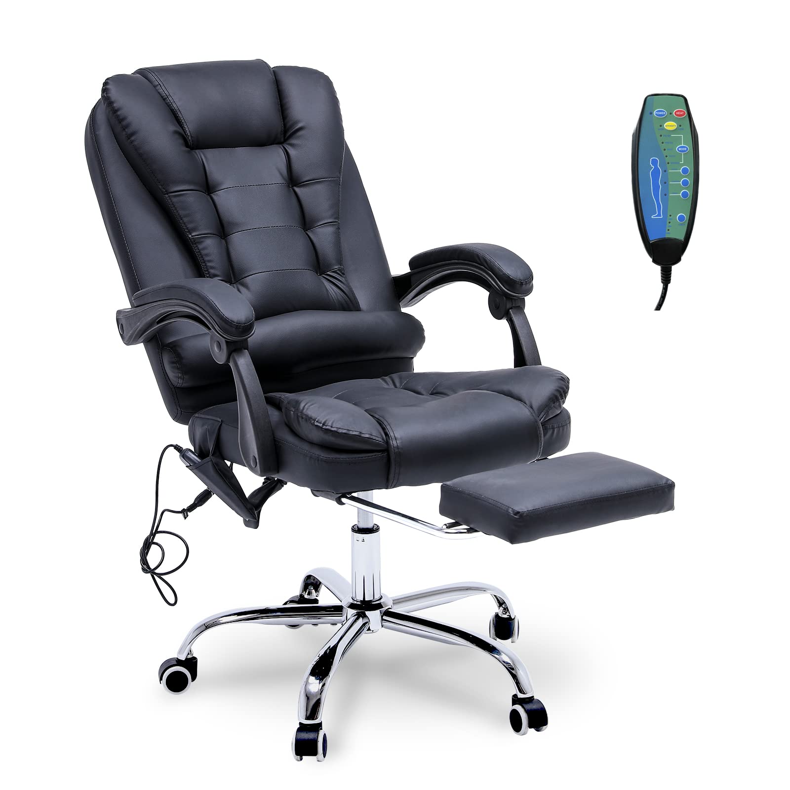 Ergonomic Reclining Office Chair with Massage & Heat - PU Leather Executive Computer Chair with Footrest & Padded Armrest - High Back Swivel Recliner for Home Office, Study, or Gaming - Black