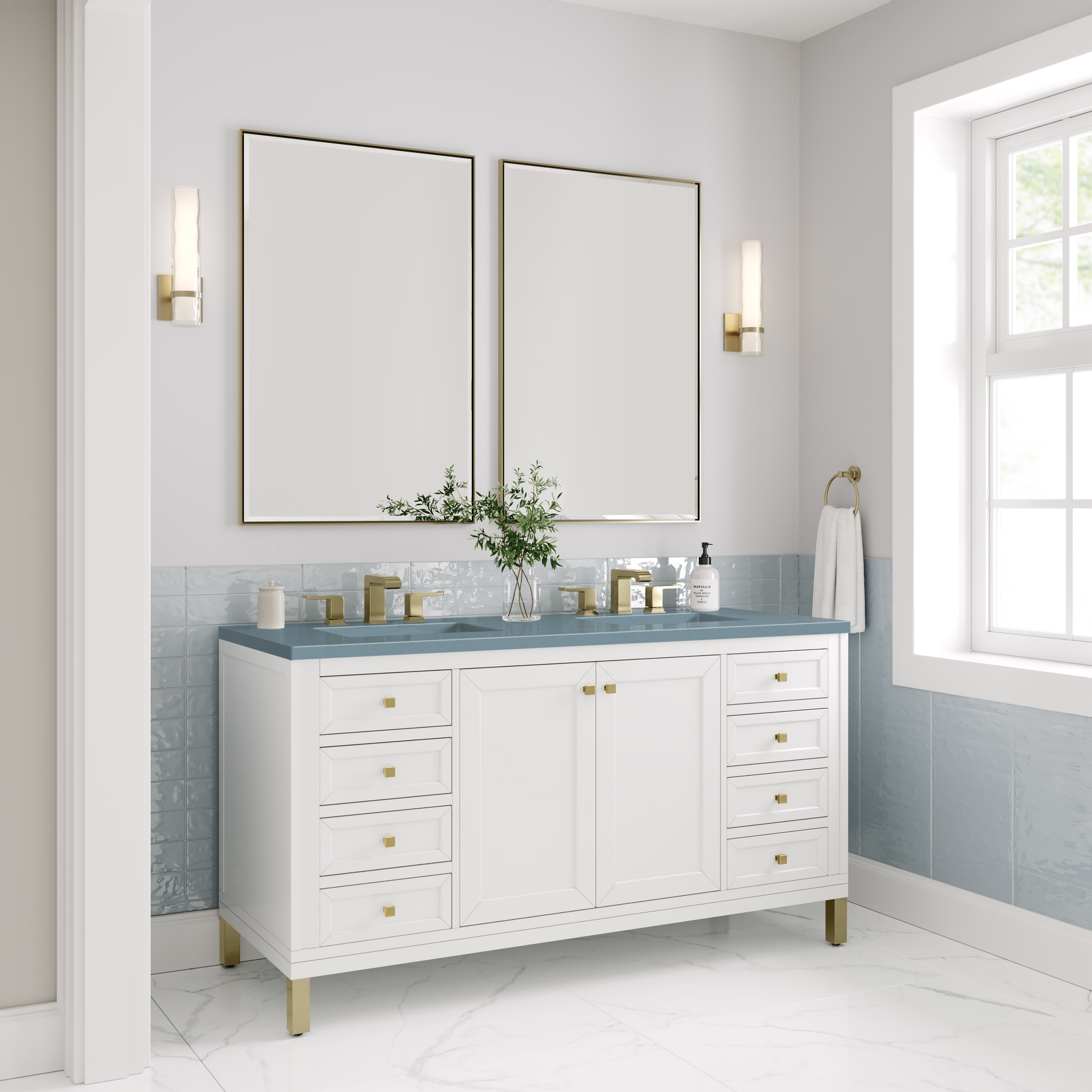 Chicago 60-Inch Double Bathroom Vanity with Glossy White Finish & 3CM Cala Blue Quartz Top - Perfect for Master Bathrooms, Guest Suites, and Modern Home Renovations