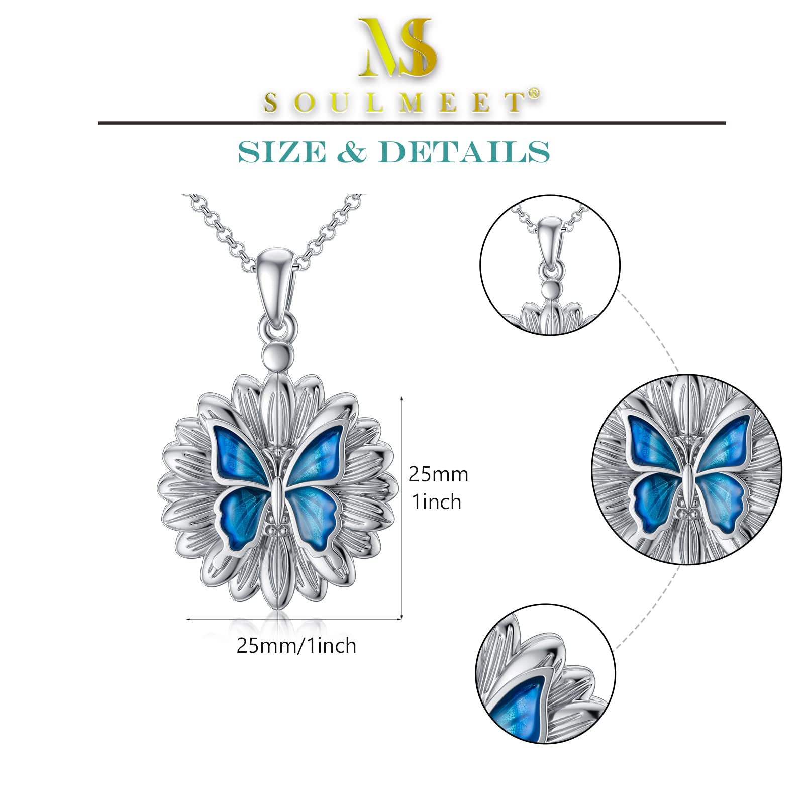 SOULMEET 1 Inch Round Sunflower Butterfly Photo Locket Necklace - Sterling Silver Personalized Expandable Pendant for Women - Perfect for Gifts, Anniversaries & Special Occasions