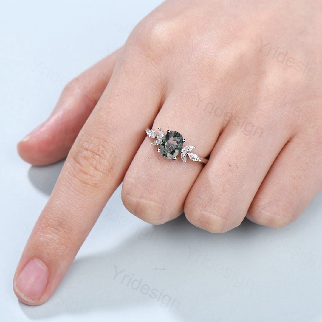 1.5CT Oval Natural Moss Agate Engagement Ring with Diamond Accents | Vintage Art Deco Wedding Band | Green Crystal Anniversary Jewelry for Women | Perfect for Proposals, Weddings & Special Occasions