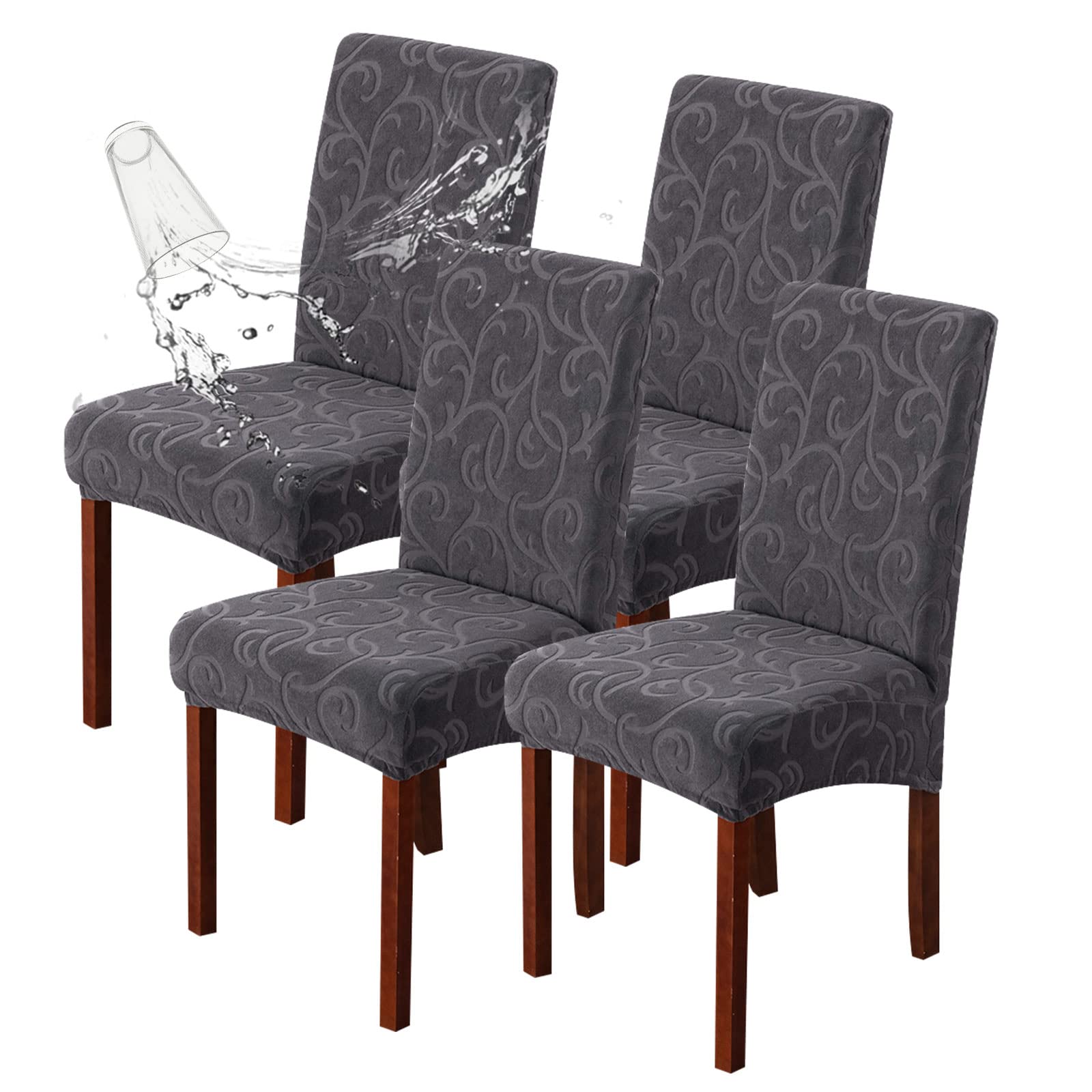 Waterproof Stretch Parsons Chair Slipcovers - 4 Pack Washable Dining Room Chair Covers, Removable Kitchen Chair Protectors (Flower Pattern Dark Gray) for Home, Restaurant & Outdoor Use