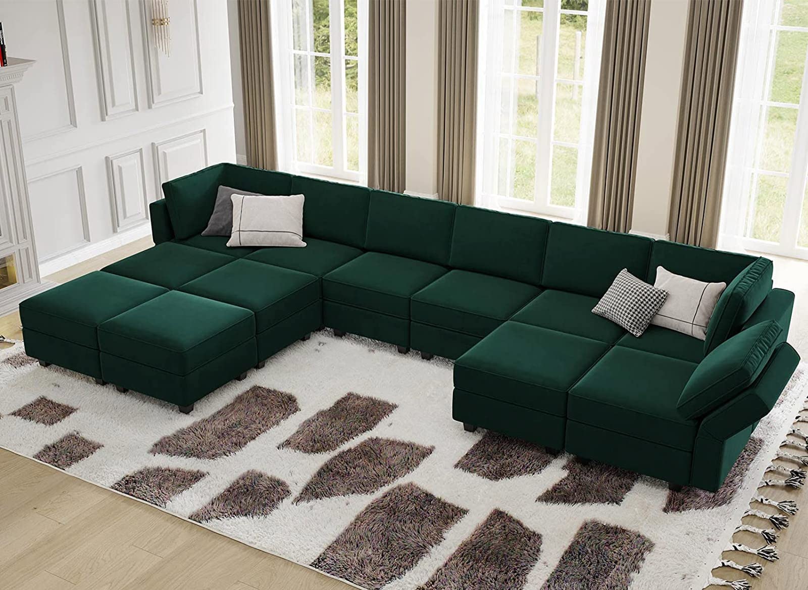Belffin Oversized U-Shaped Modular Sectional Sofa with Reversible Double Chaises - Velvet Storage Sleeper Sofa in Green | Perfect for Large Living Rooms, Home Theaters & Family Gatherings