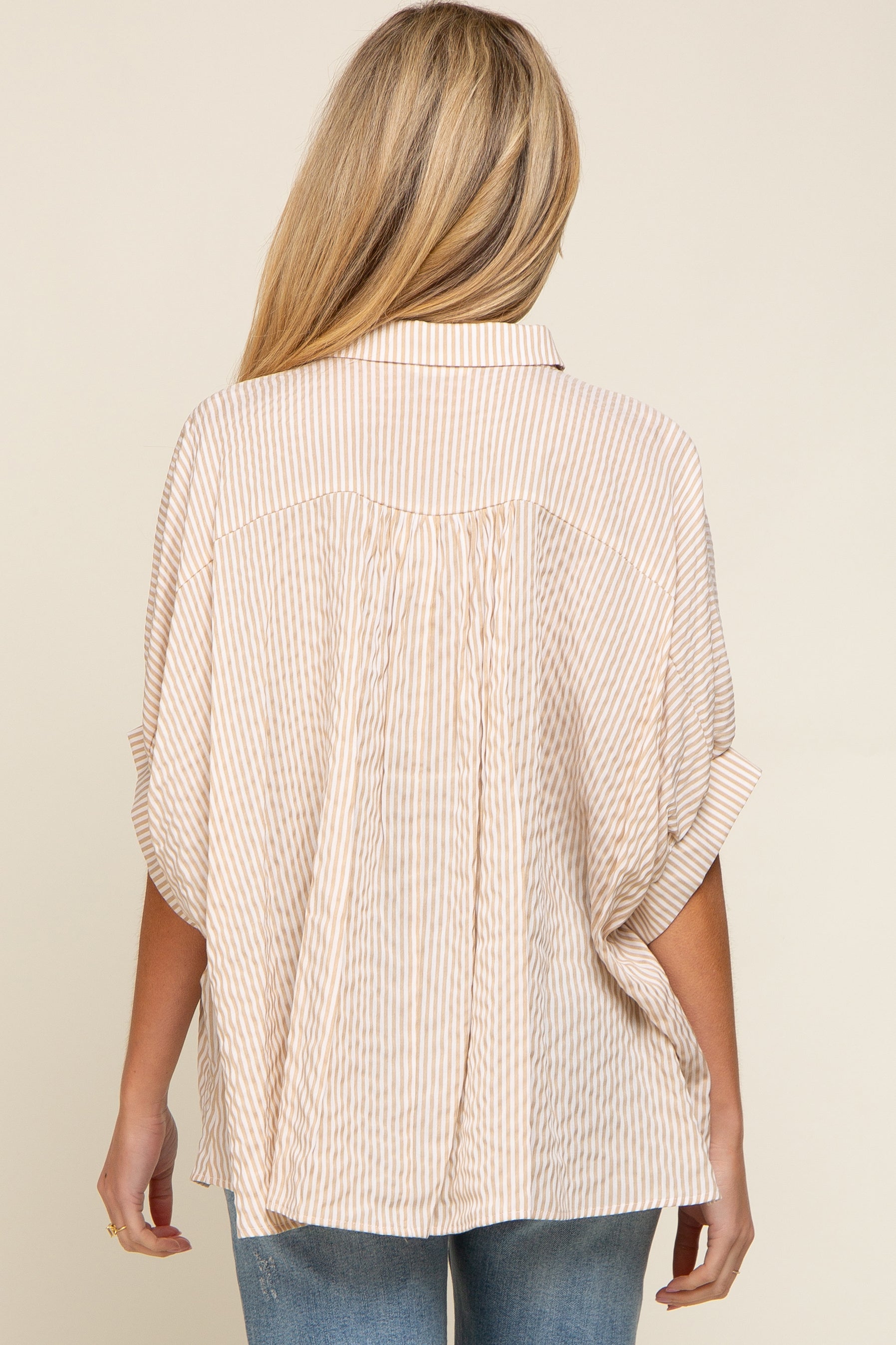 Beige Striped Dolman Button Down Maternity Top - Comfortable Pregnancy Blouse for Work & Casual Wear | Nursing & Maternity Fashion