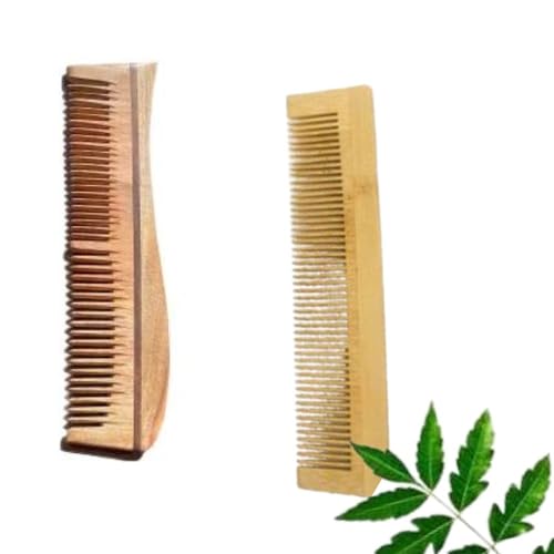 2 Pack Natural Neem Wood Hair Comb for Hair Growth & Anti Hair Fall - Gentle Detangling & Scalp Massage for Healthy Hair at Home or Salon