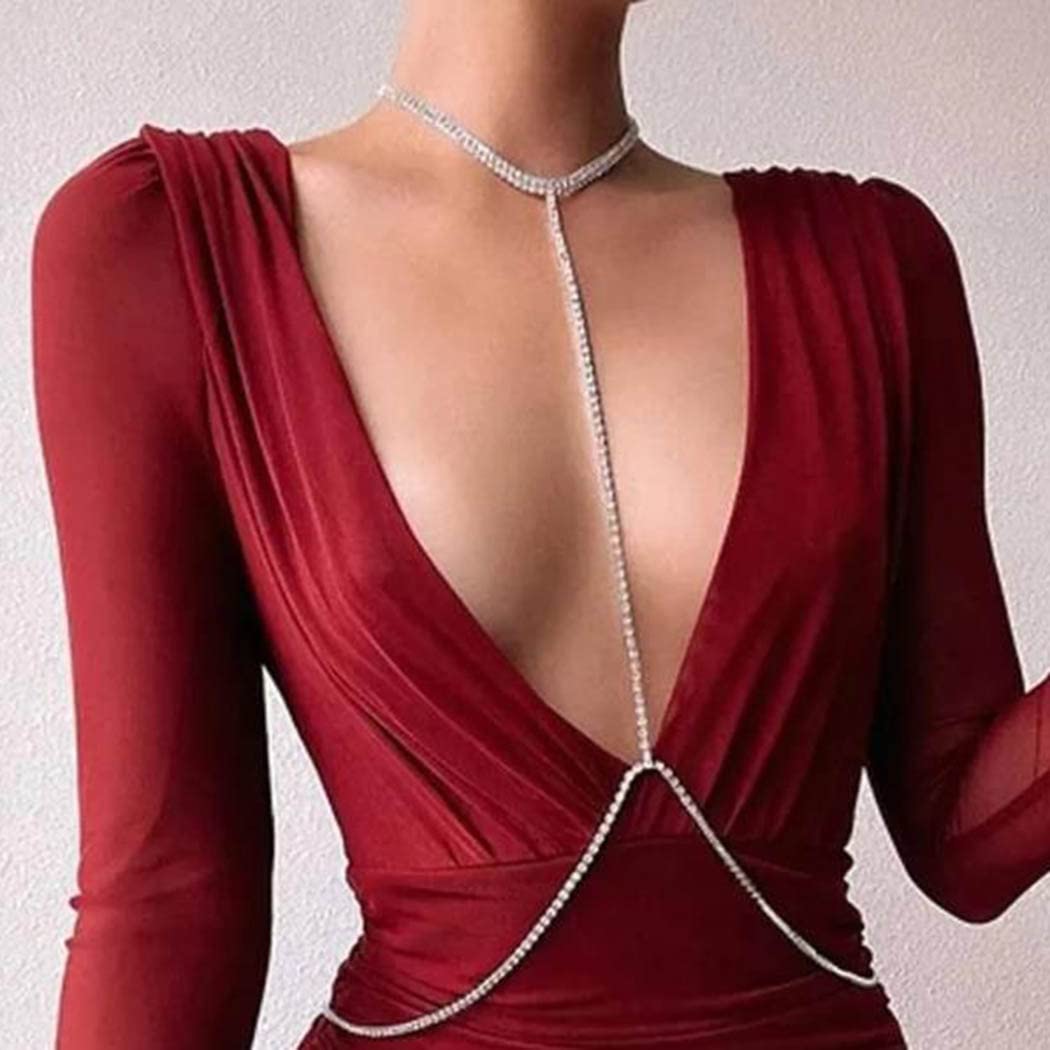Tgirls Rhinestone Bra Body Chain - Silver Sexy Chest Body Jewelry for Women, Perfect for Rave Parties, Bikini Belly Dance & Festival Outfits