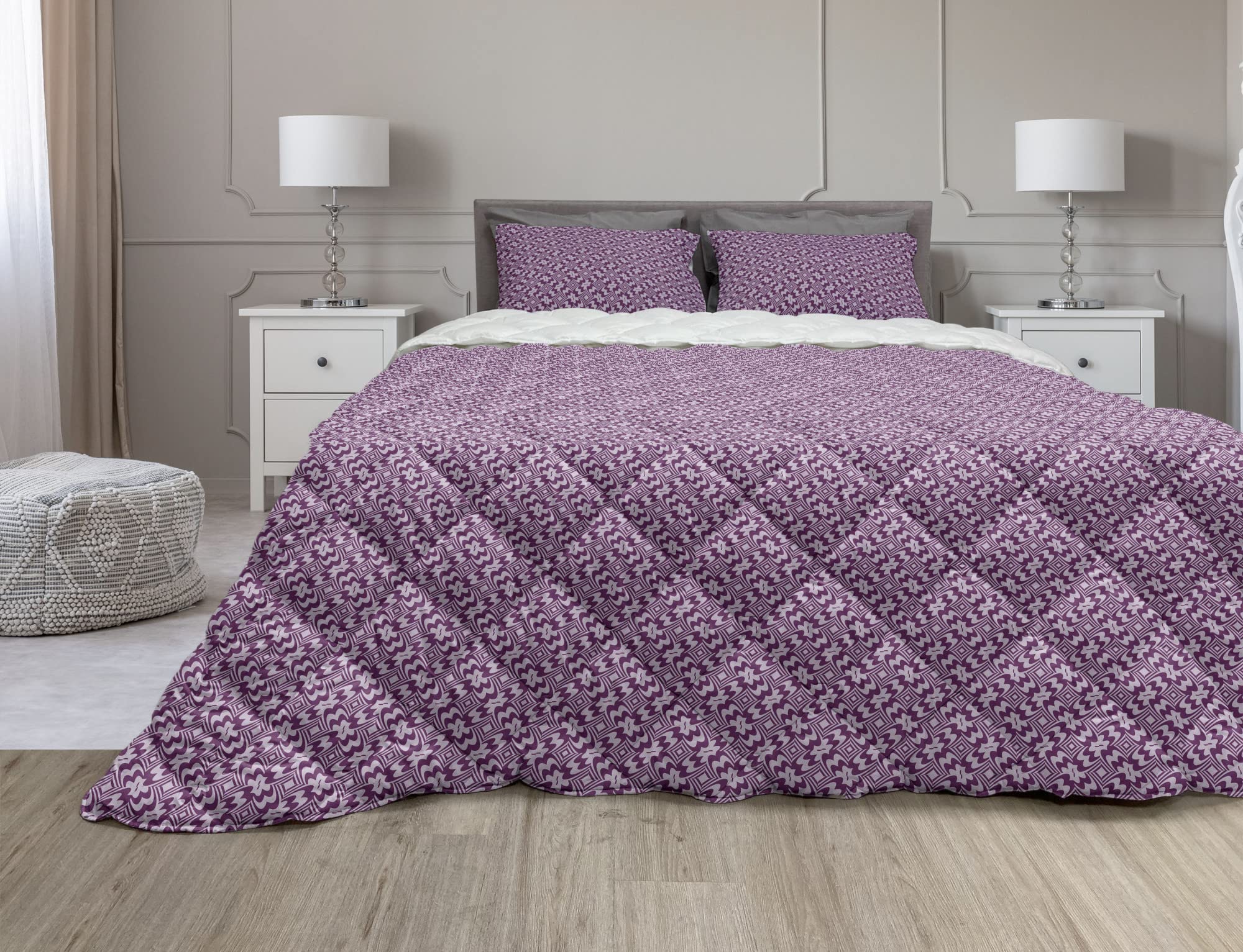 Ambesonne Queen Size 3-Piece Mosaic Comforter Set with Floral & Geometric Diamond Design - Purple & Lilac Microfiber Duvet Cover & Sham for Modern Bedroom Decor | Perfect for Master Bedroom, Guest Room, and Dorm