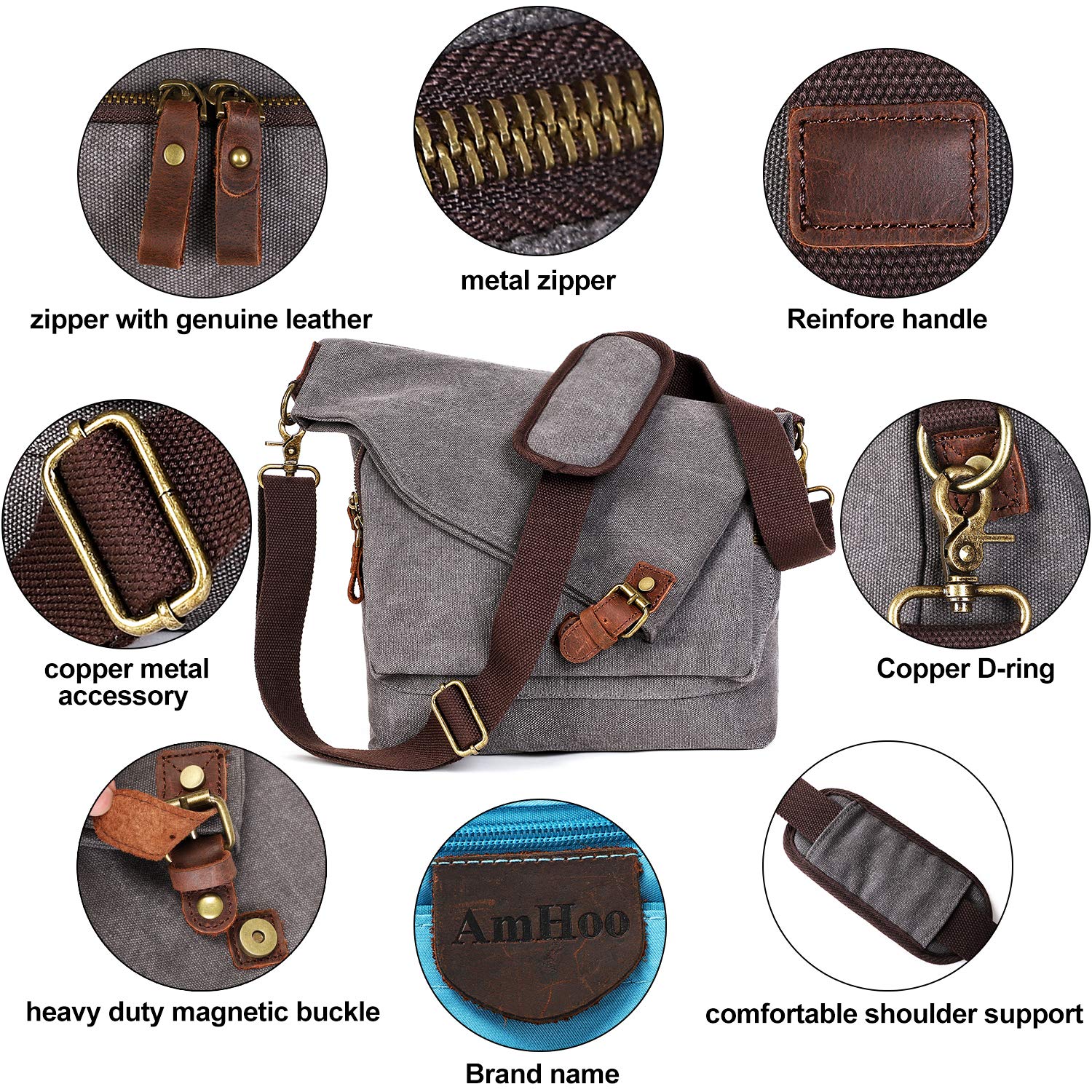 AmHoo Women's Genuine Leather Crossbody Bag - Stylish Canvas Messenger Purse & Shoulder Bag for Daily Use, Work, Travel and Shopping