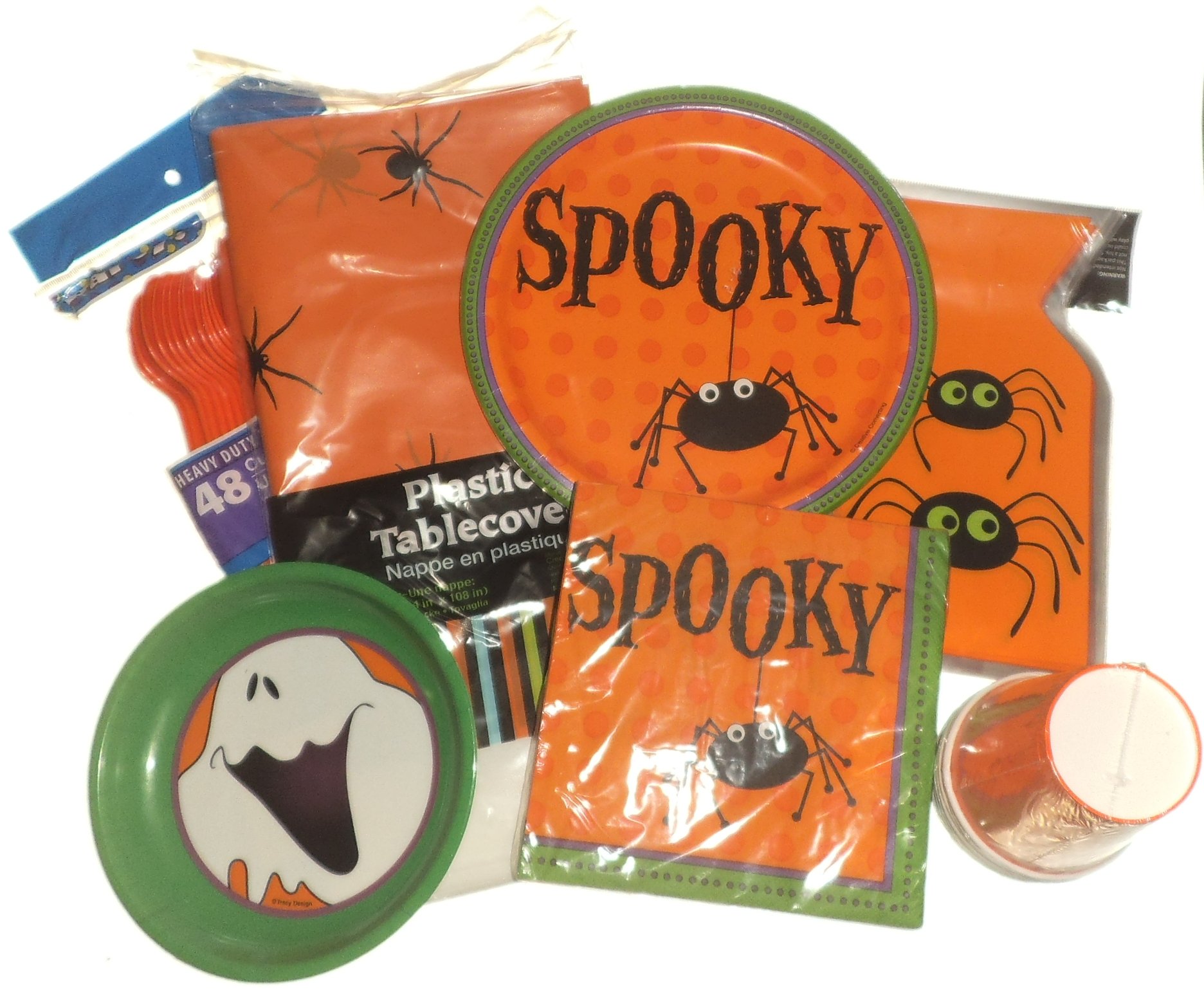Halloween Spider Party Supplies Set - 20 Plates, 30 Napkins, 16 Cups, Plastic Silverware, Table Cover, Treat Bags & Snack Bowl for Spooky Themed Decorations & Kids Halloween Party