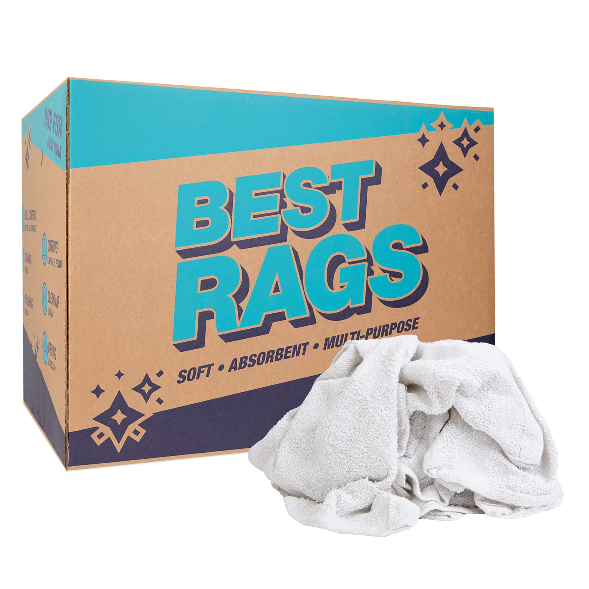 Bulk White Terry Towel Rags (50 Lbs. Box) - Multipurpose Cleaning Cloths for Shops, Garages, Restaurants & Home Use | Heavy-Duty Washcloths for Commercial Cleaning, Bars, and Household Chores
