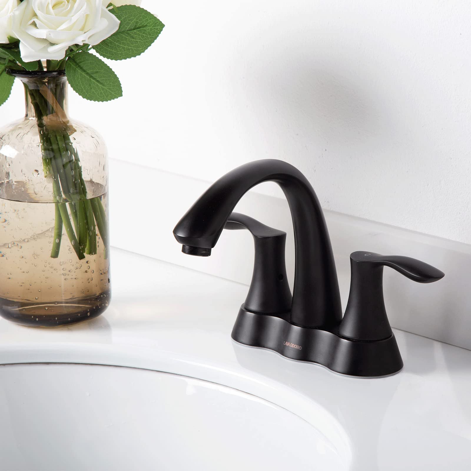 Matte Black Bathroom Faucet - Lava Odoro 4 Inch Centerset Bathroom Sink Faucet with 2 Handles & Pop-Up Drain Assembly - Perfect for Vanity & Powder Room Renovations