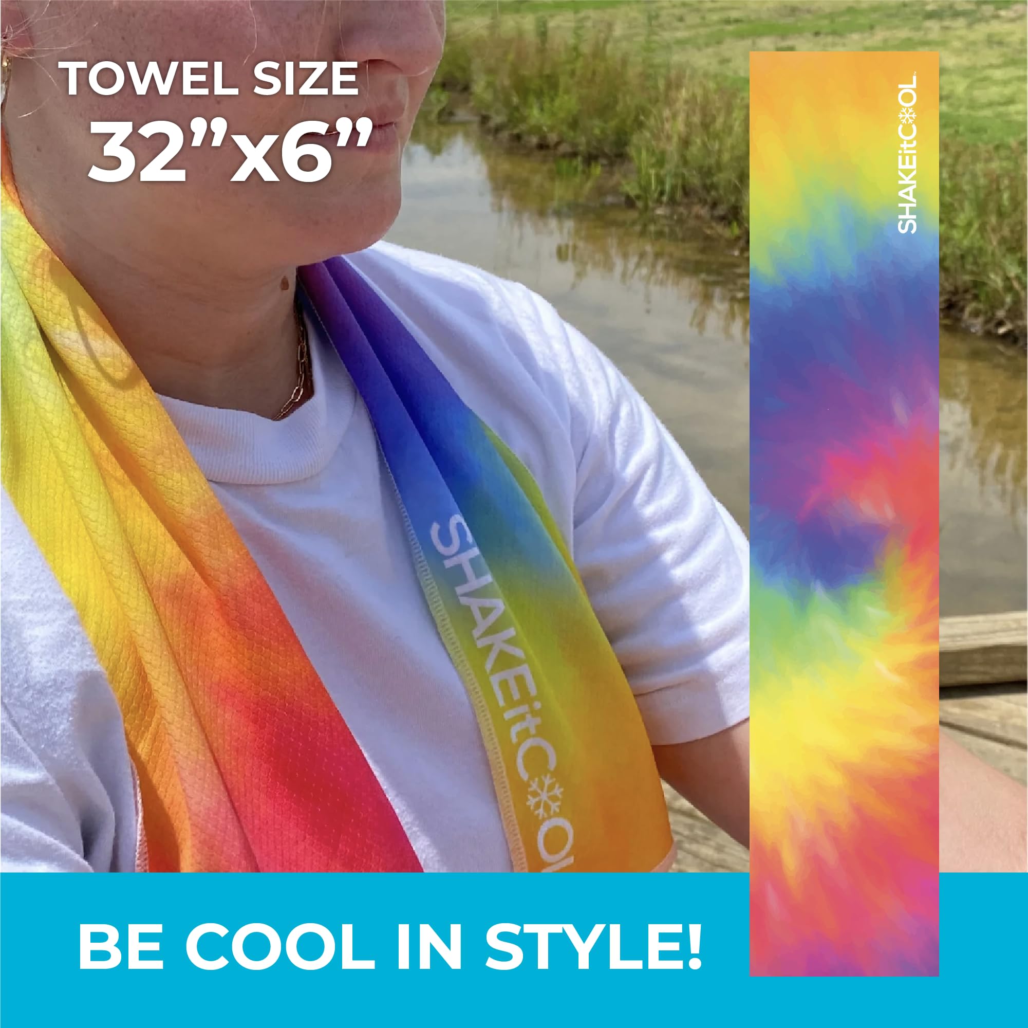 SHAKEitCOOL Original Cooling Towel – Soft & Lightweight Heat Relief Towel for Sports & Outdoor Activities | Sun Protection, Quick Dry, Easy Clean | Perfect for Running, Yoga, Gym, Hiking, Gardening & Beach Days – Stylish Tie Dye Design