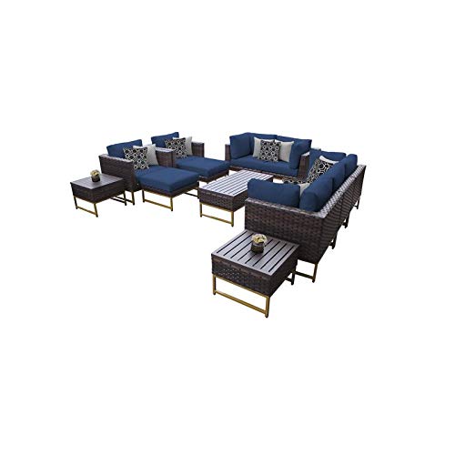 TK Classics Amalfi 12-Piece Wicker Patio Furniture Set in Gold & Navy - Outdoor Dining & Lounge Set for Poolside, Garden, and Backyard Relaxation