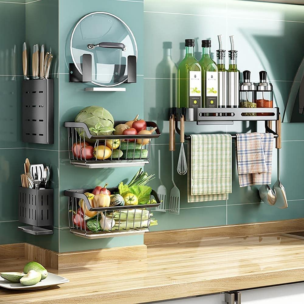 Stainless Steel 1-Tier Wall Mounted Fruit and Vegetable Basket - Drained Kitchen Storage Rack for Fruits, Veggies, Sponges - Perfect for Small Kitchens, Bathrooms & Pantries (Large, Silver)