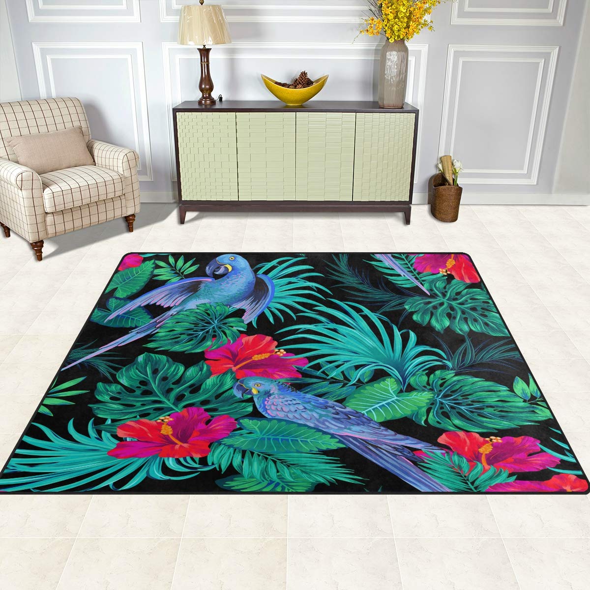 ALAZA Tropical Parrot Flower Monstera Palm Tree Leaves Area Rug - 7' x 5' Soft Non-Slip Floor Mat for Living Room, Bedroom, Nursery & Dorm Decor - Boho Chic Home Accent for Indoor Spaces