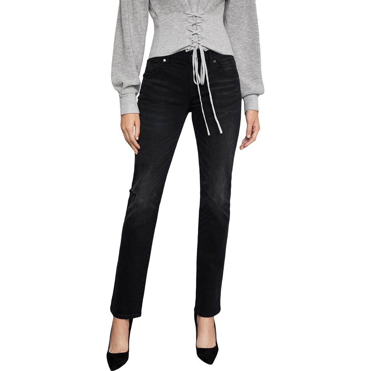 BCBG Max Azria Women's Distressed Boyfriend Jeans - Straight Leg, Black, Size 27 | Comfortable Stretch Denim for Casual Wear & Everyday Outfits