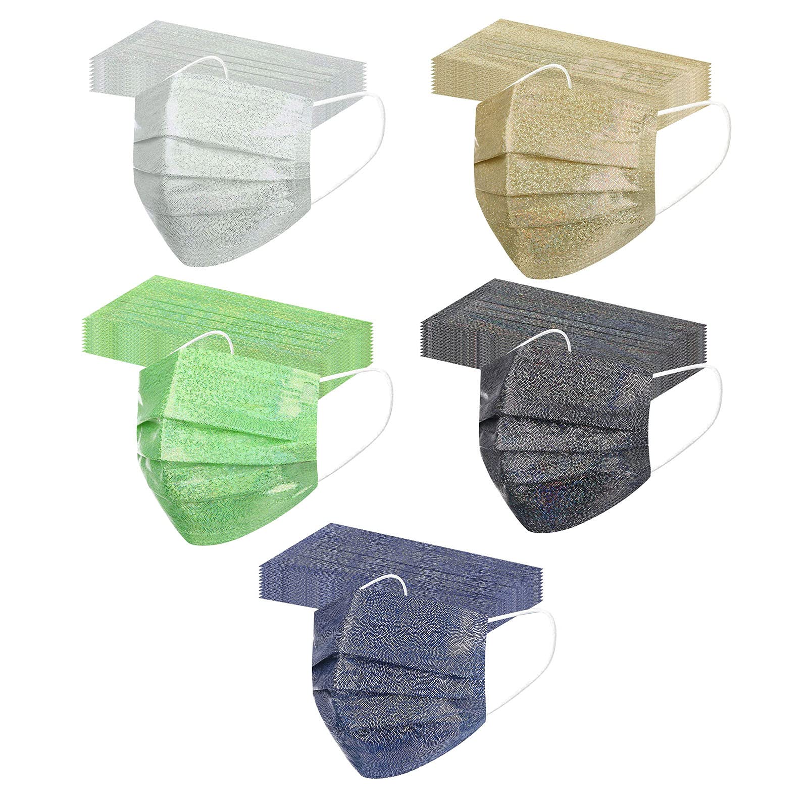 Sparkle Glitter Printed Disposable Face Masks for Women & Adults - Fashion Bling Design Colored Wedding Masks with Full Face Protection - Perfect for Parties, Events, and Special Occasions