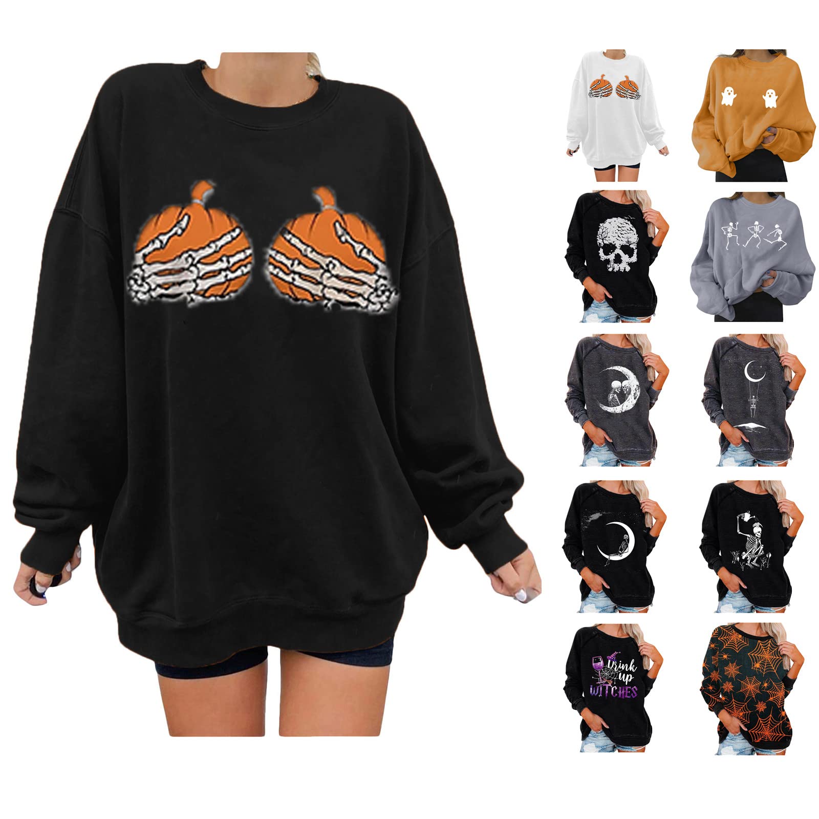 Funny Halloween Shirts for Women - Long Sleeve Crewneck Sweatshirt with Skeleton Hand & Pumpkin Design | Perfect for Halloween Parties, Costume Contests & Spooky Season Outfits