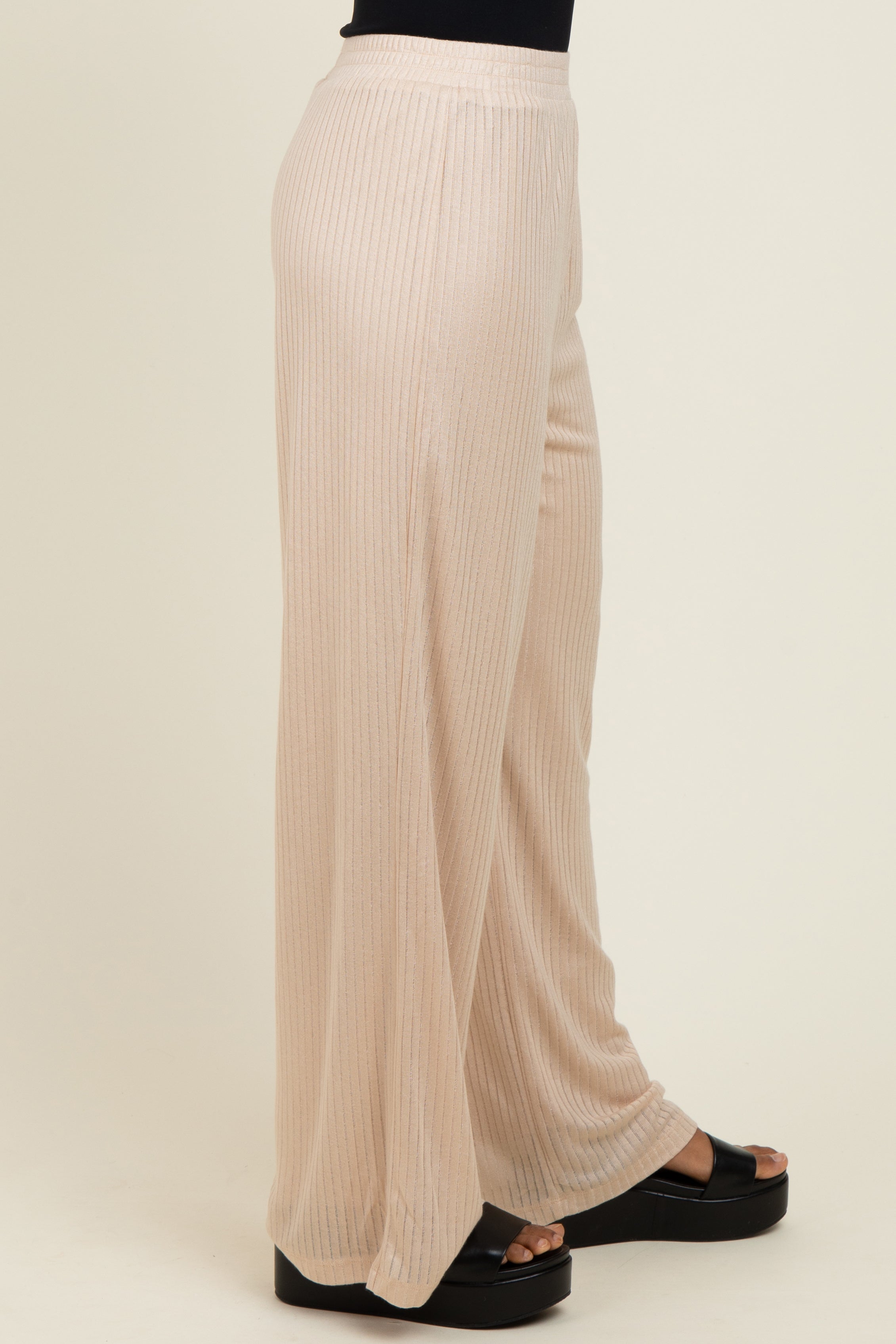 Cozy Beige Ribbed Lounge Pants with Side Pockets - Soft Casual Pants for Women, Perfect for Home, Yoga, and Relaxation