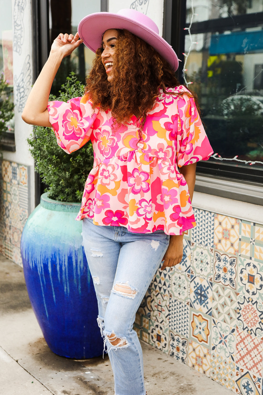 Pink & Yellow Floral Frill Balloon Short Sleeve Blouse - Romantic Spring Summer Tops for Date Night & Casual Outings