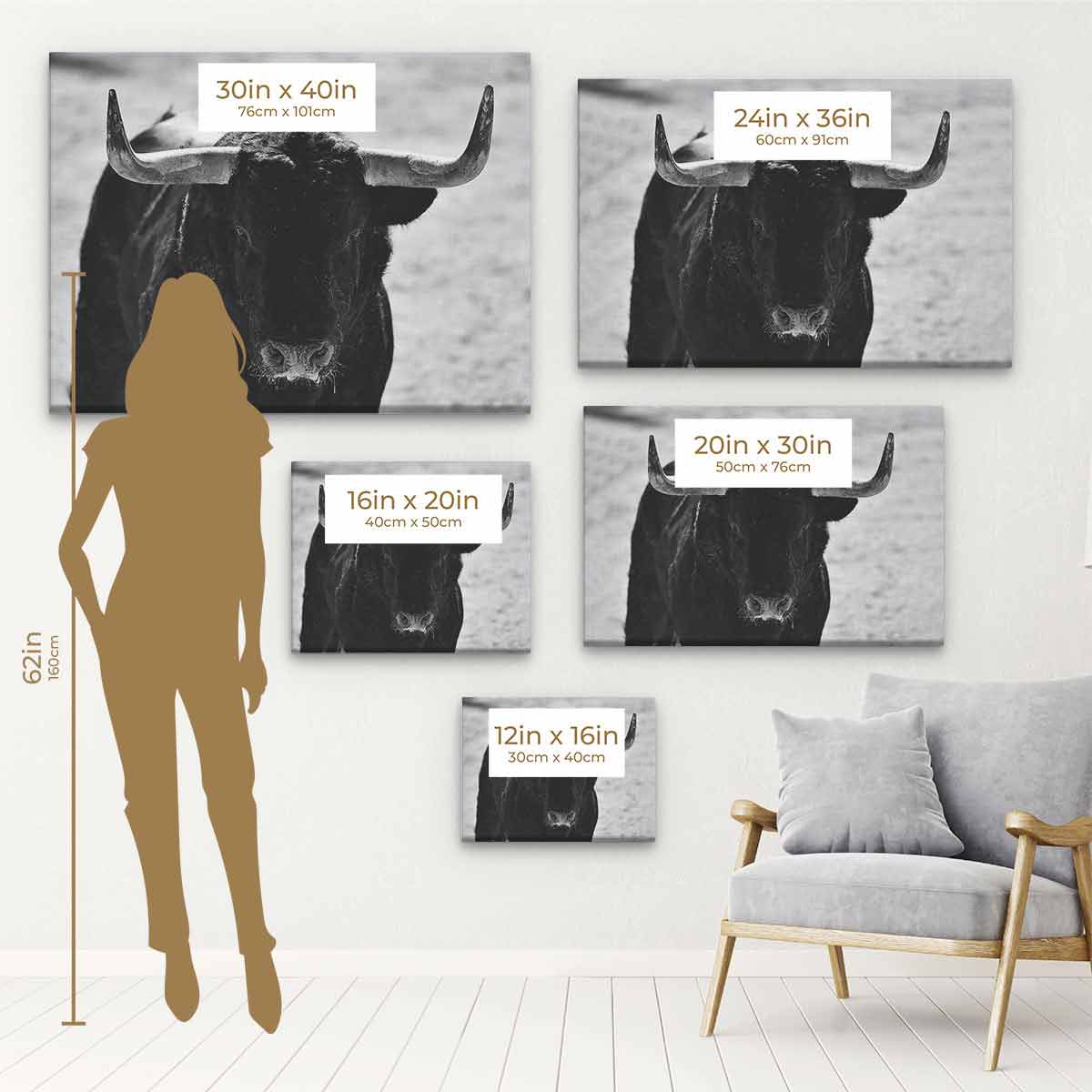 Black Bull Wall Art Canvas Print - 96x96 Inches Modern Farmhouse Decor for Living Room, Bedroom & Office