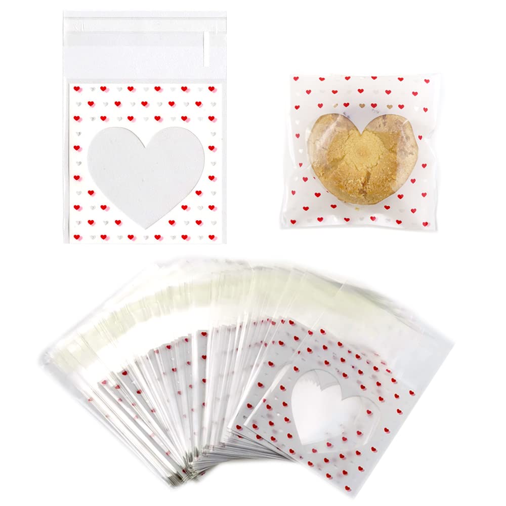 FAZHBARY 200 PCS Valentine's Day Heart Shaped Cellophane Bags - Self Sealing Mini Treat Bags for Cookies, Candy, Chocolates - Perfect for Bakery Supplies, Party Favors, Wedding Treats & Gift Packaging