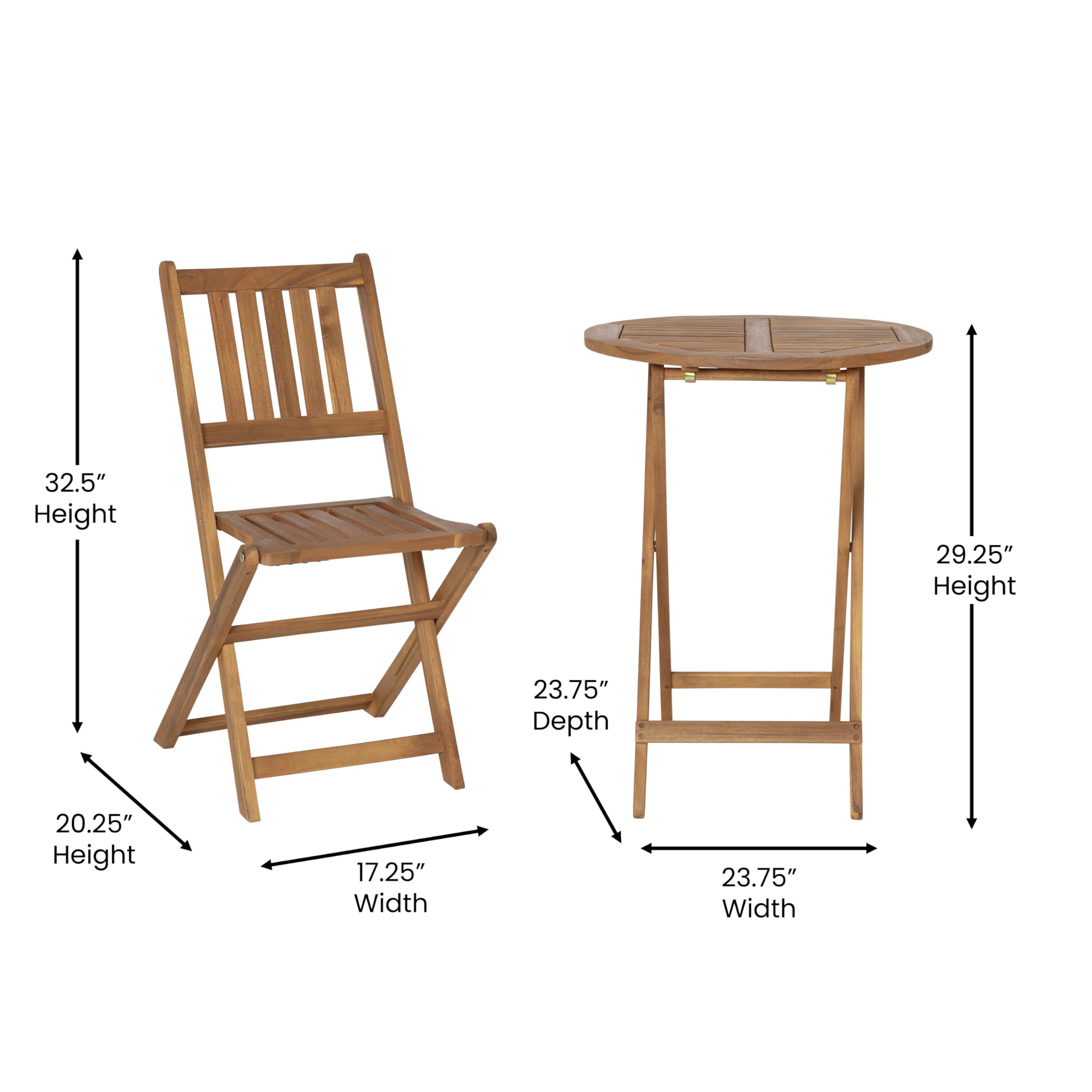 3 Piece Folding Patio Bistro Set - Natural Acacia Wood Round Table with 2 Chairs - Indoor/Outdoor Furniture for Garden, Balcony & Backyard - Slatted Tabletop & Seating - Perfect for Coffee, Dining & Relaxing