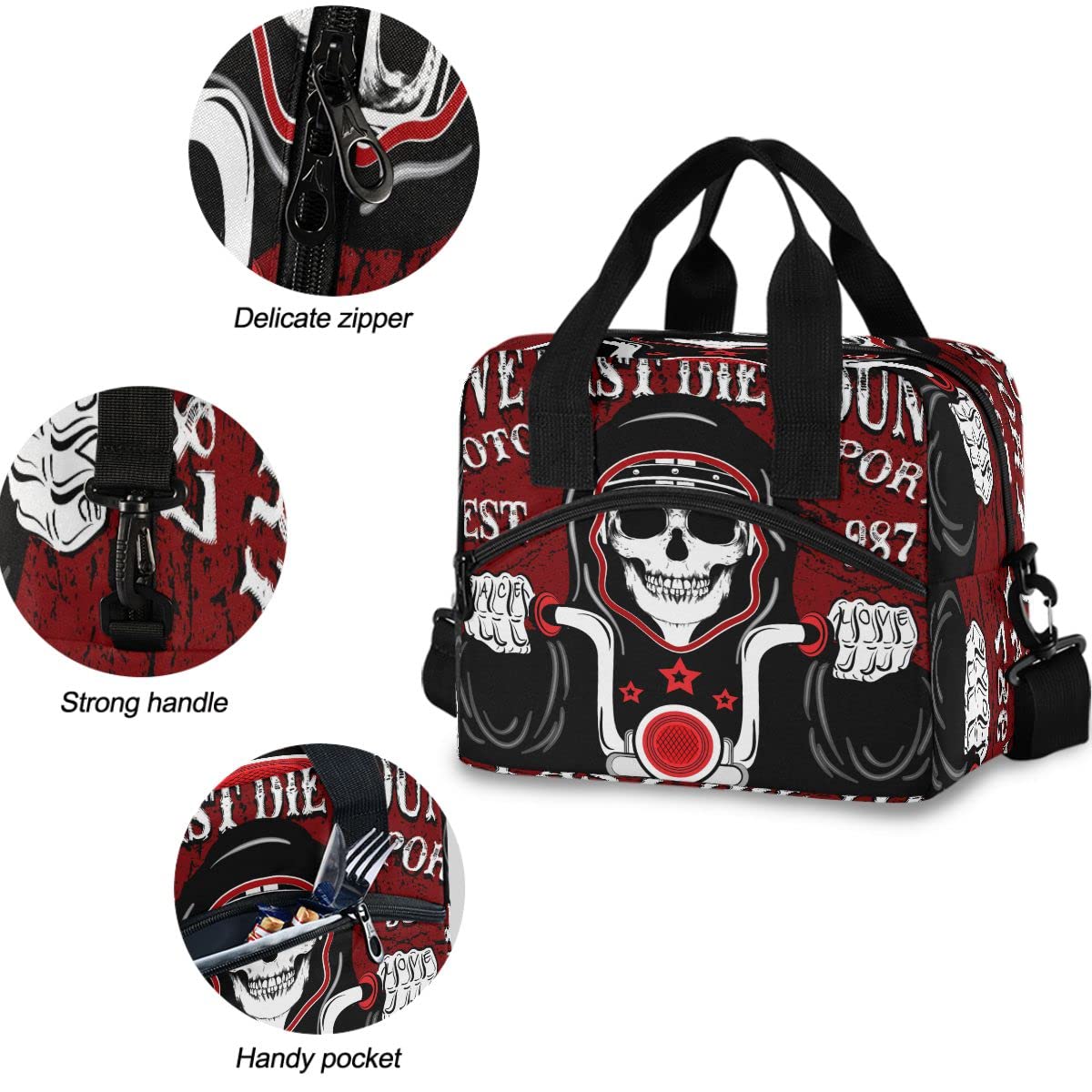**MNSRUU Insulated Lunch Bag with Skull Design - Reusable Leakproof Cooler Lunch Tote for Men & Women - Perfect for Work, School, Picnics & Motorcycle Rides**