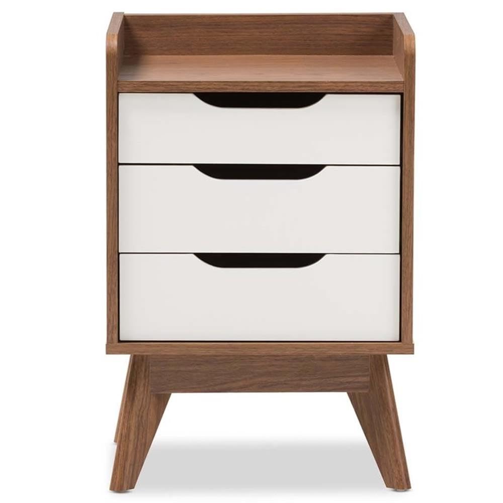 BOWERY HILL Modern 3-Drawer Nightstand - White & Walnut Finish Bedside Table for Bedroom, Living Room, or Guest Room - Compact Storage Solution with Smooth Gliding Drawers