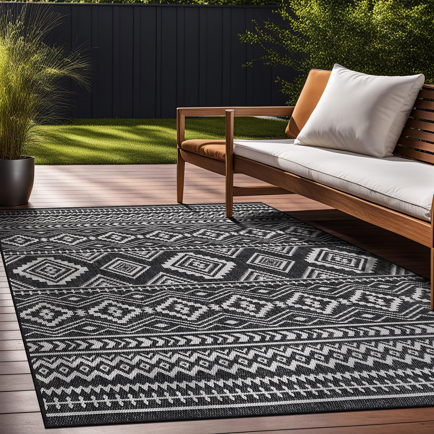 Beverly Rug Waikiki Boho Indoor Outdoor Rug 9x12 - Washable Bohemian Area Rug for Patio, Deck, Porch - Farmhouse & Aztec Tribal Design in Black and White - Perfect for Beach Houses, Living Rooms, and Cozy Outdoor Spaces